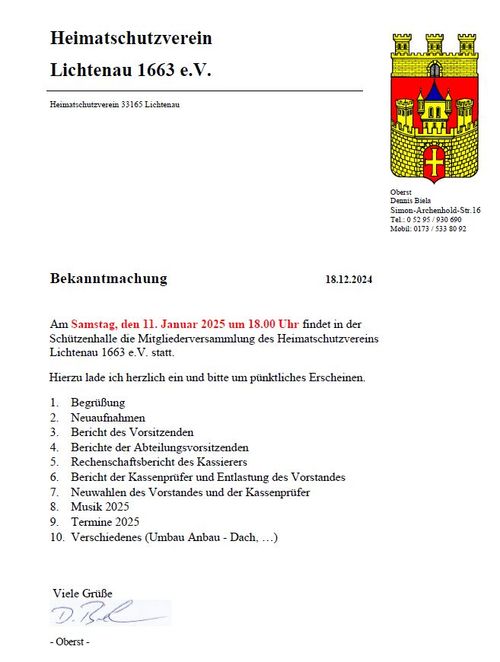 Jahreshauptversammlung 11.01.2025