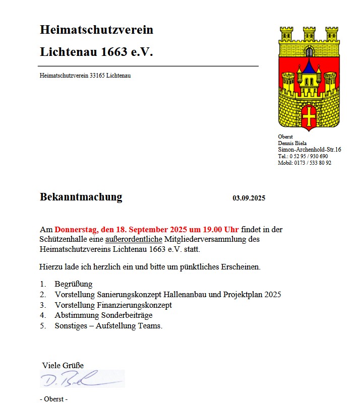Einladung außerordentliche Mitgliederversammlung 18.09.2025