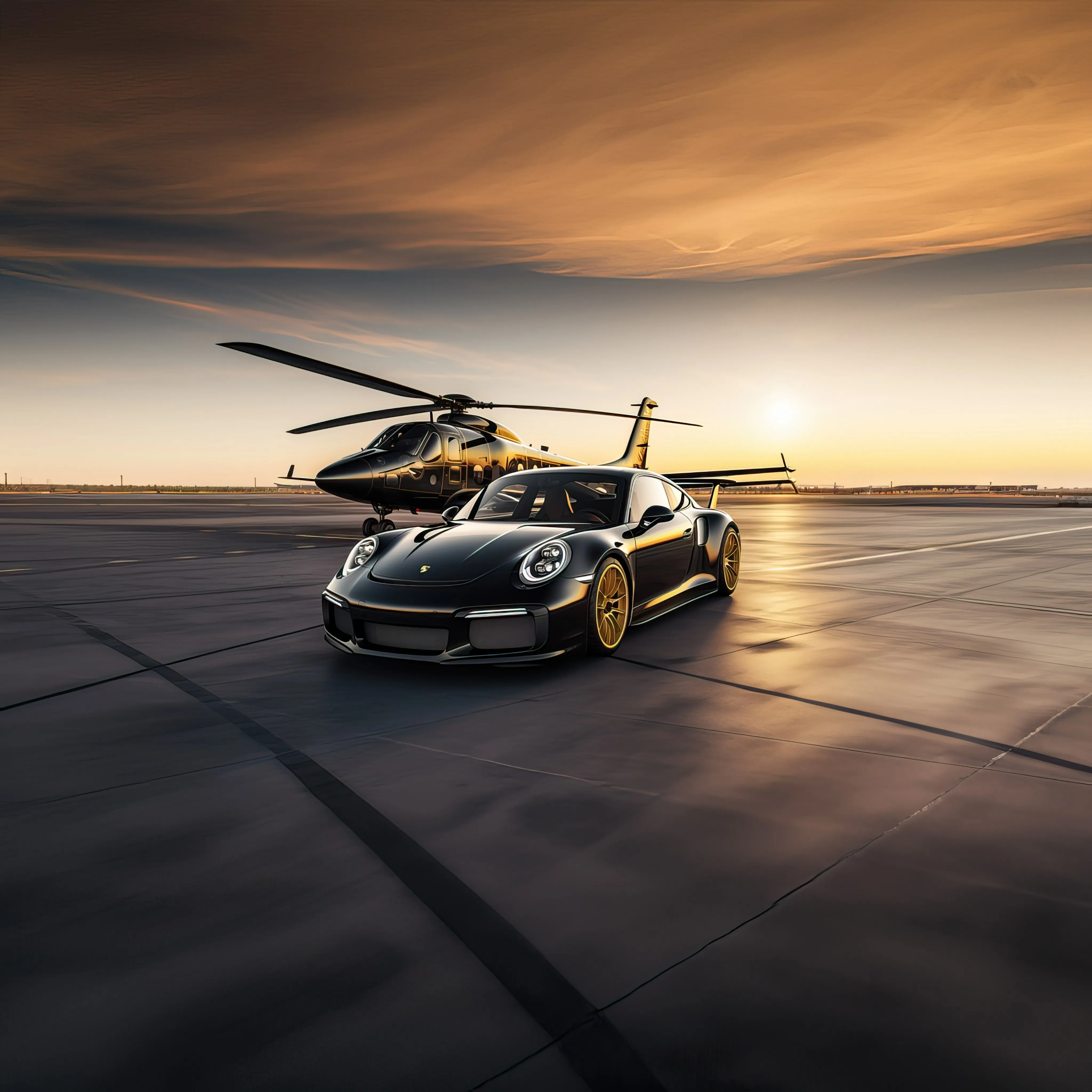 A black sports car parked in front of a helicopter.