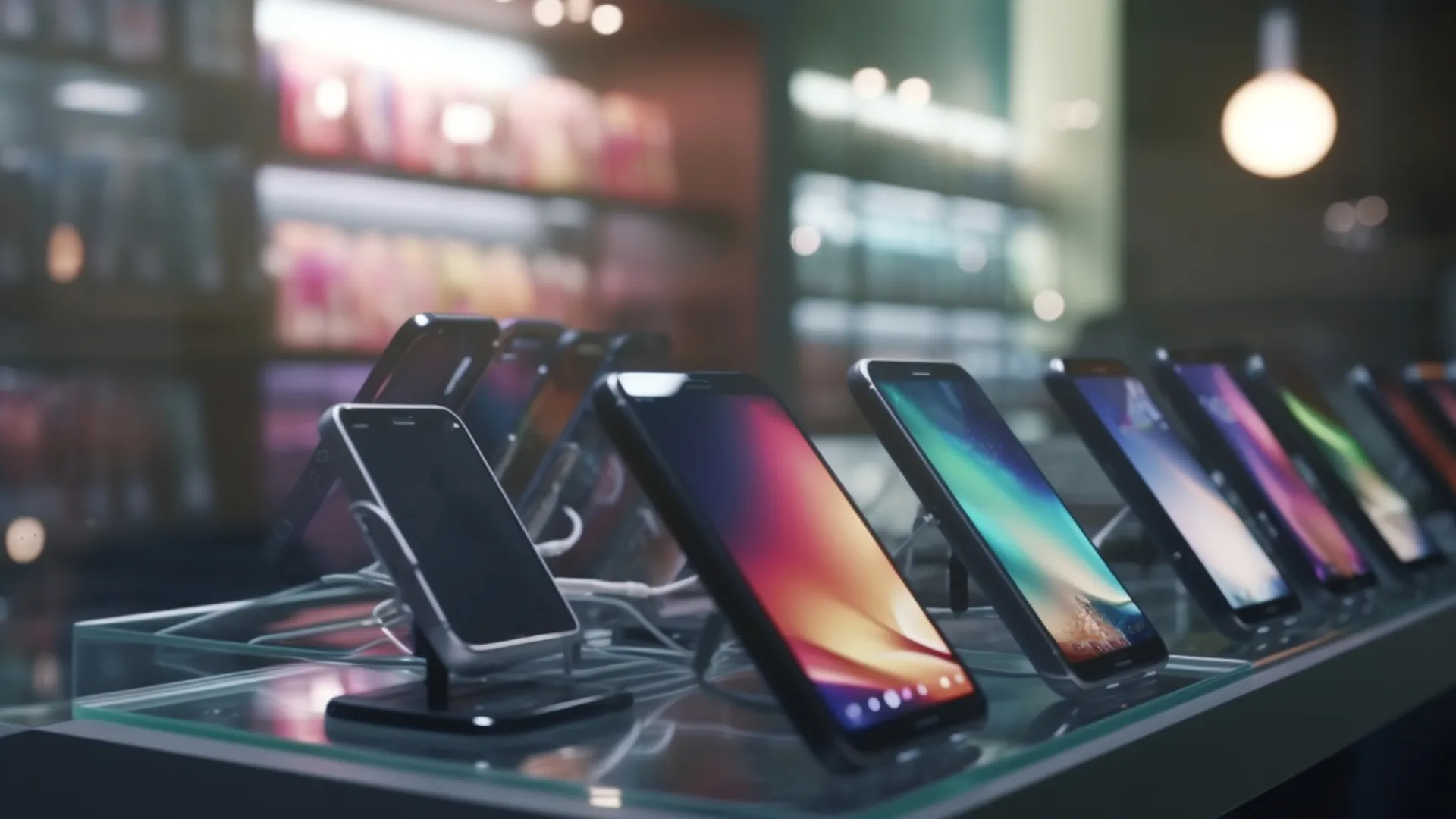 A row of cell phones sitting on top of a table.
