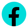 Facebook logo in black on a turquoise circular background.