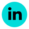 LinkedIn logo in black letters on a teal circular background.