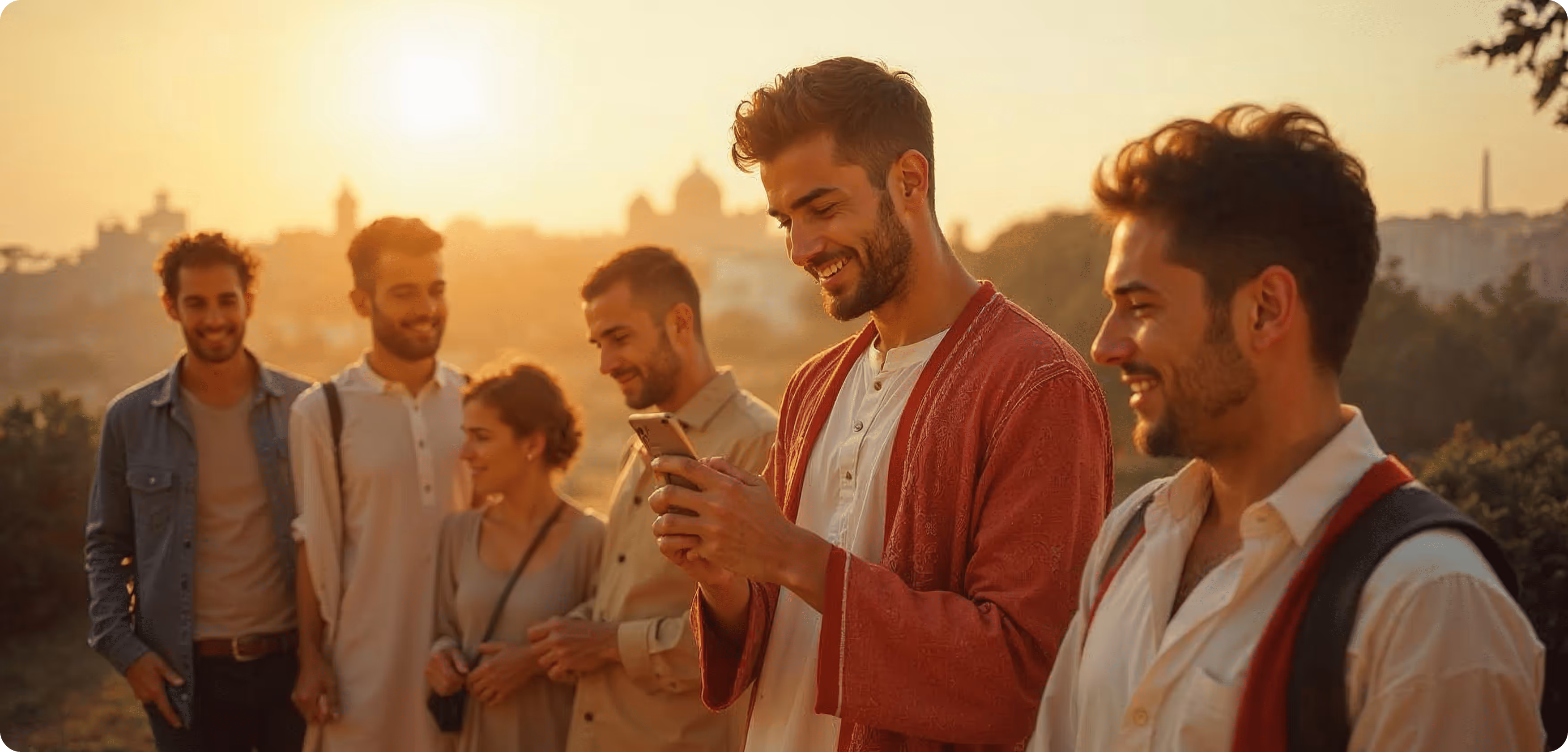 Group of six young adults smiling and interacting outdoors during golden hour, one man looking at his phone.