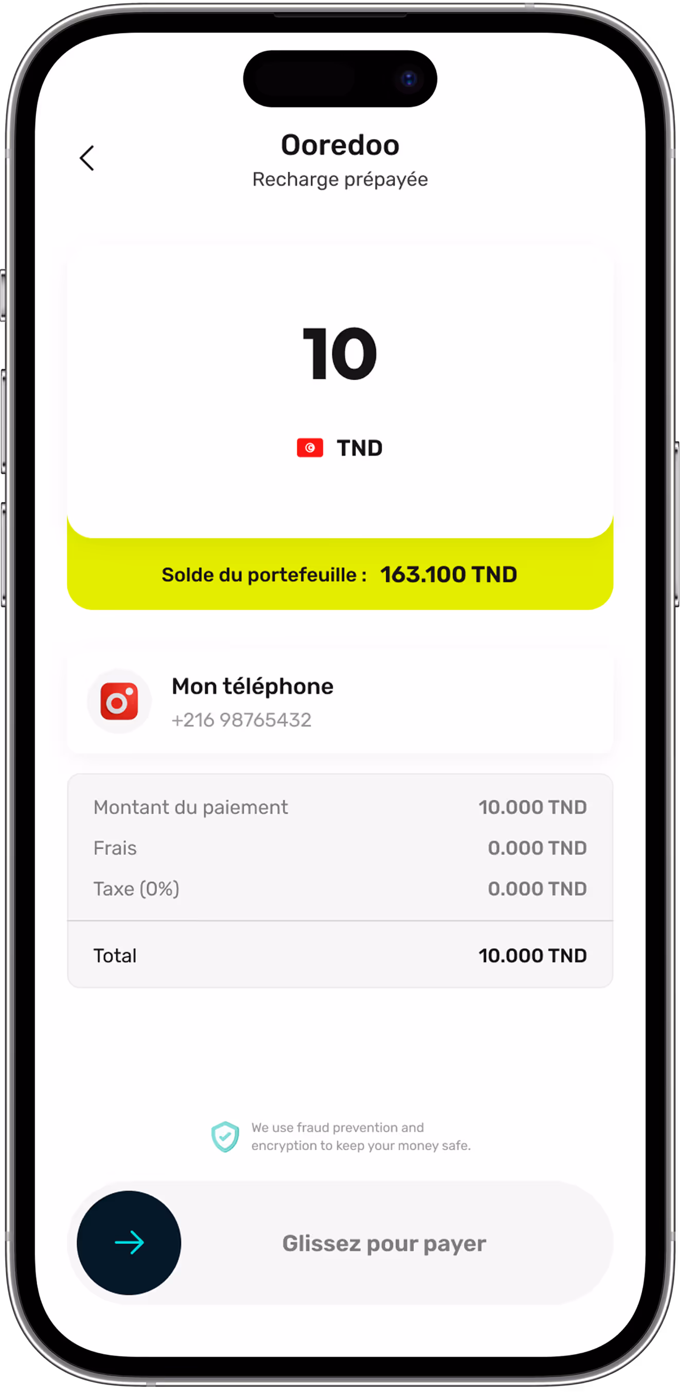Mobile screen showing Ooredoo prepaid recharge interface with 10 TND selected and a wallet balance of 163.100 TND, ready to pay by sliding.