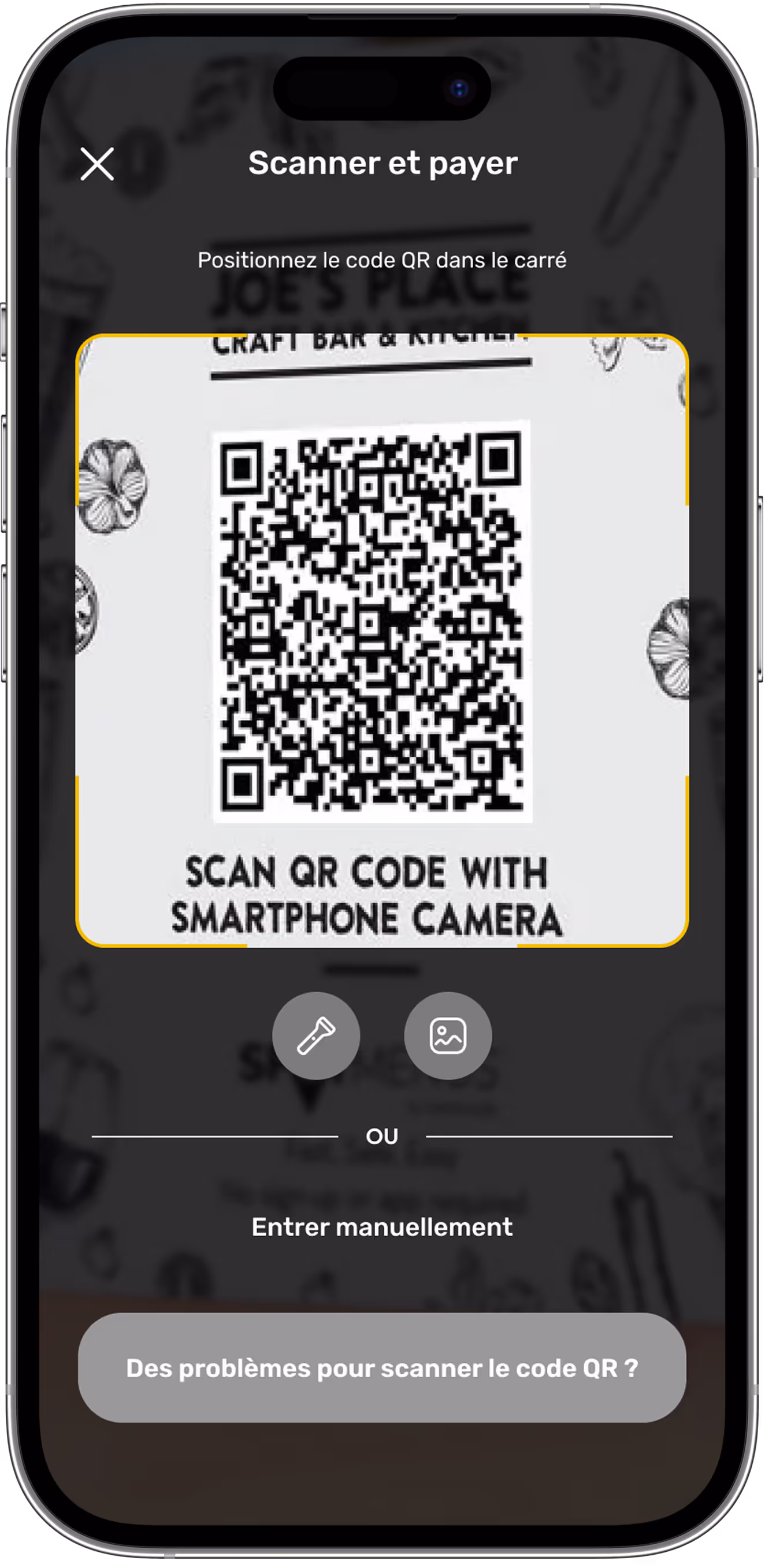Smartphone screen showing a QR code scanner app with instructions in French and English to scan QR code with smartphone camera.