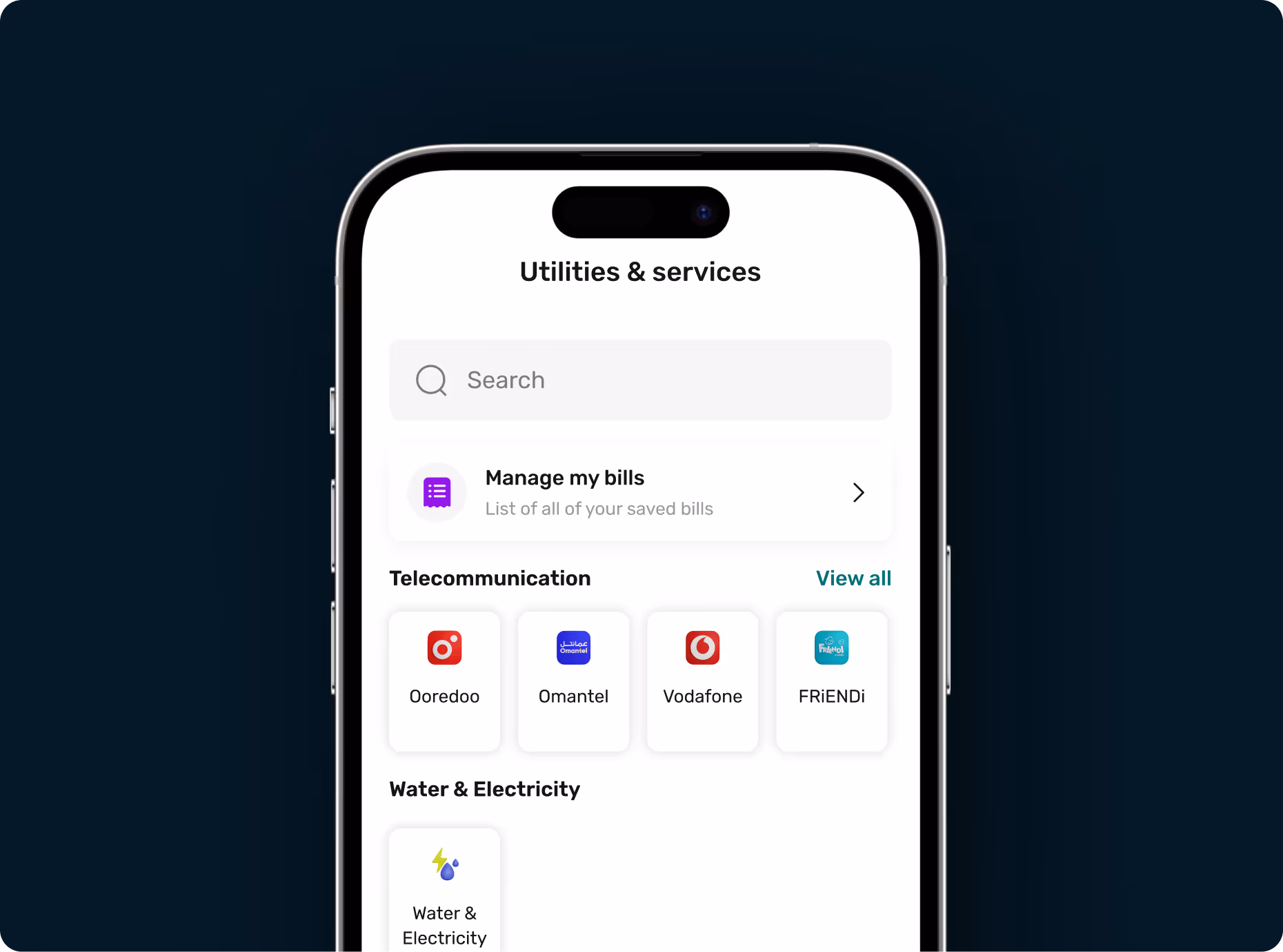 Mobile app screen showing Utilities & services with a search bar, Manage my bills option, and icons for telecommunication providers Ooredoo, Omantel, Vodafone, FRiENDi, and Water & Electricity service.