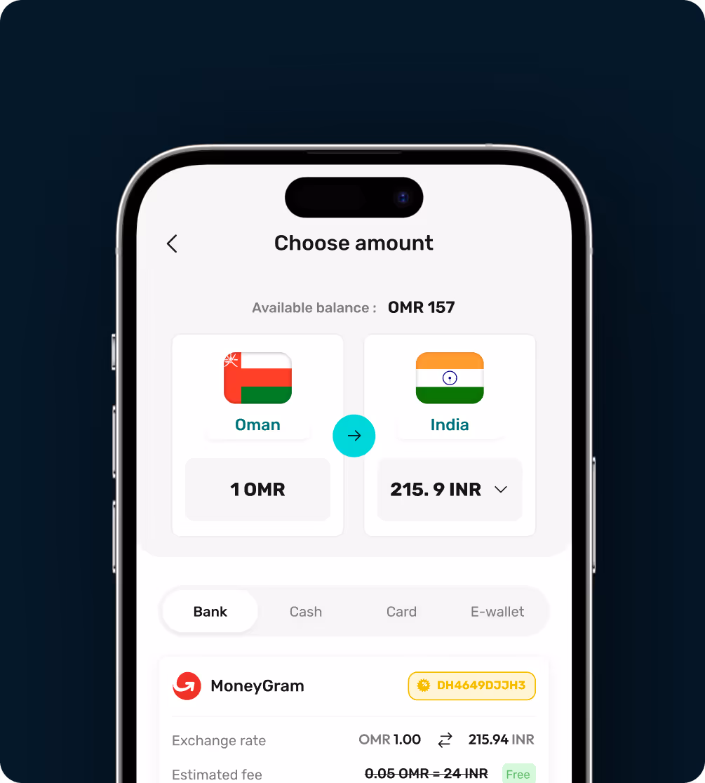 Mobile screen showing currency exchange from Oman Rials to Indian Rupees with available balance of OMR 157 and MoneyGram service details.