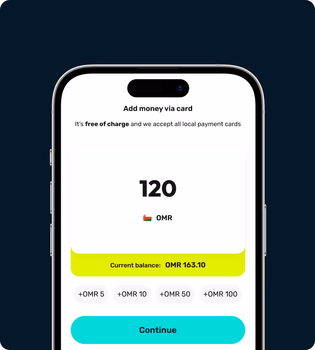 Mobile screen showing option to add 120 OMR to balance via card, with current balance 163.10 OMR and quick add buttons for 5, 10, 50, and 100 OMR amounts.