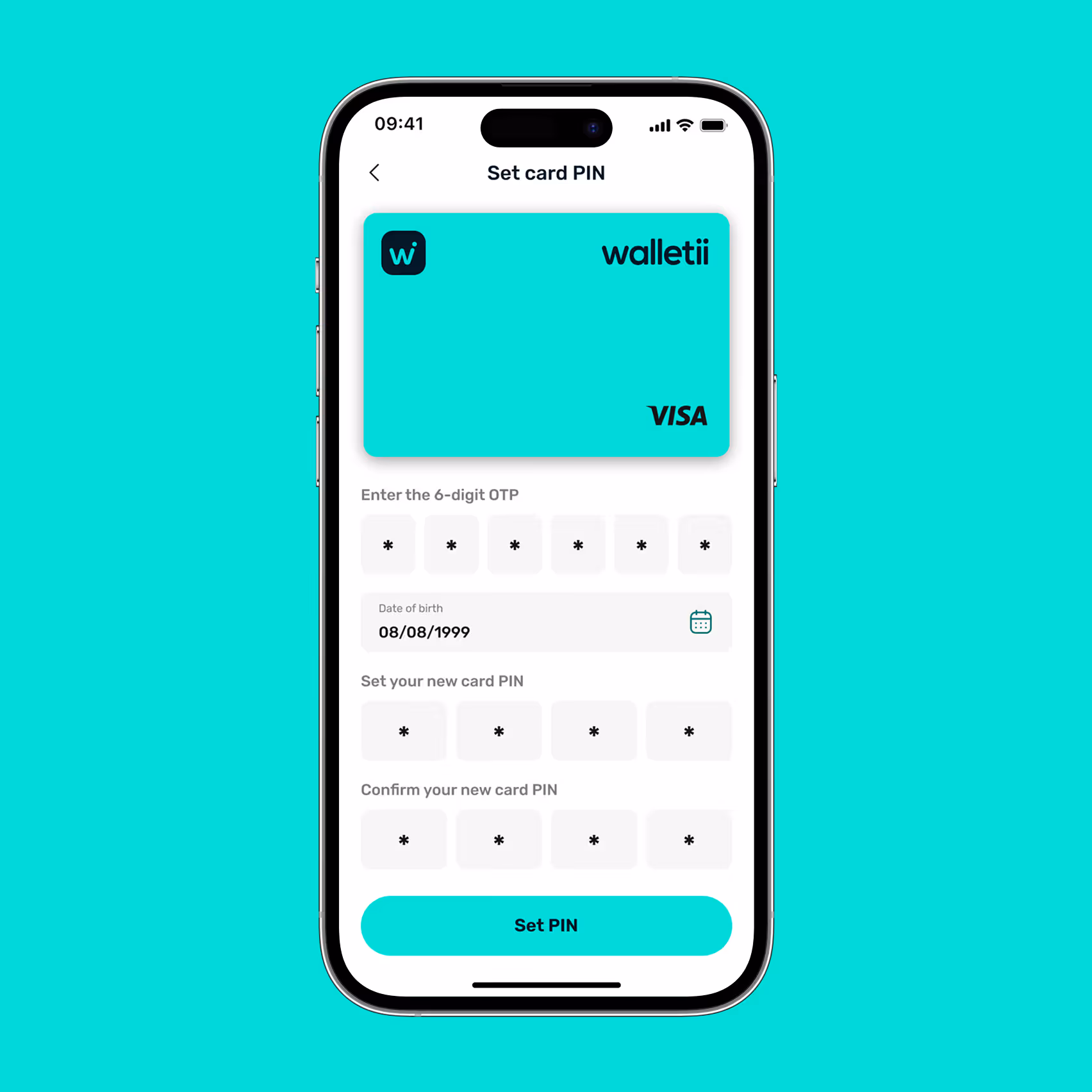 Mobile screen displaying an app interface to set card PIN for a Walletii Visa card with fields for 6-digit OTP, date of birth, new card PIN, confirm PIN, and a Set PIN button.