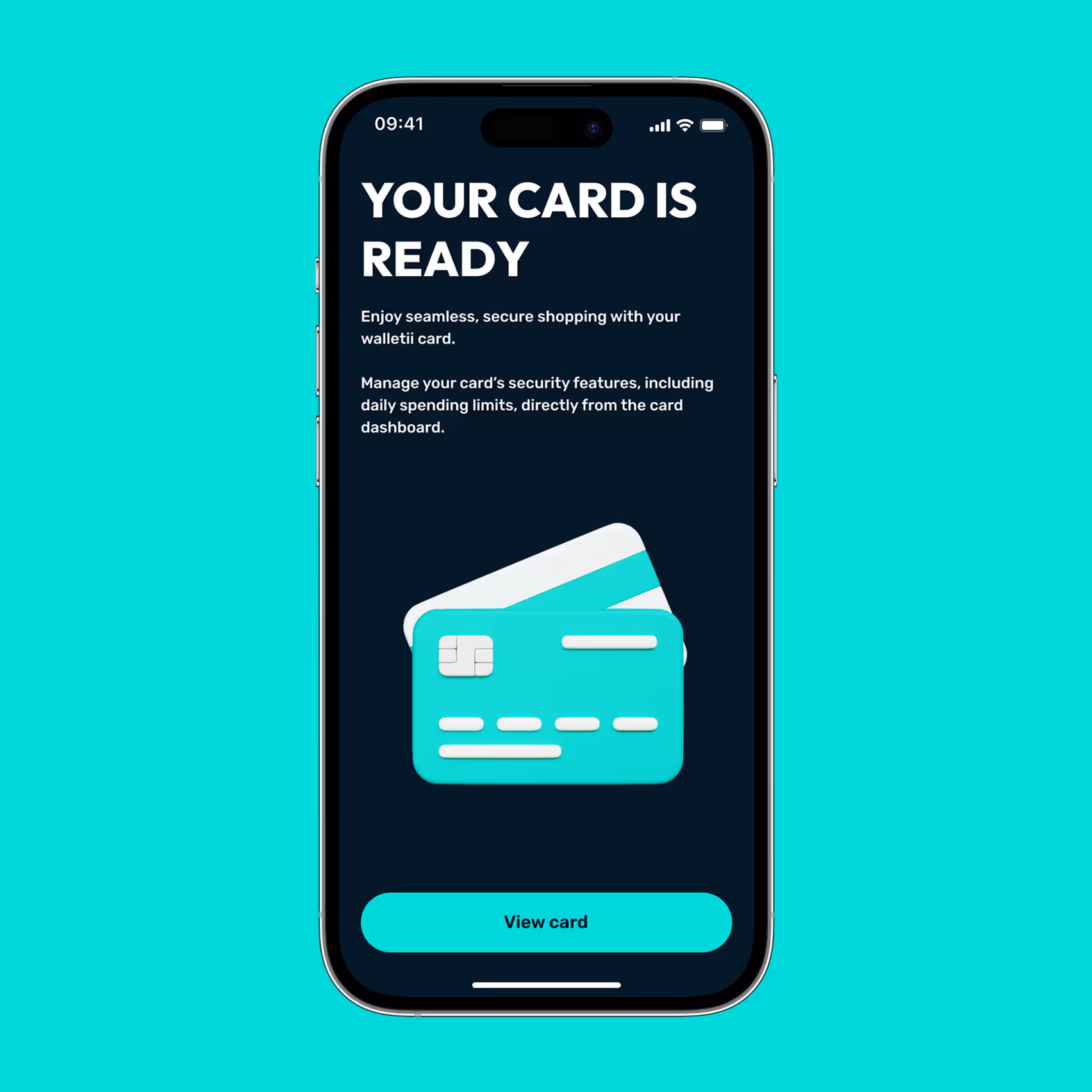 Smartphone screen showing a message saying your card is ready with an illustration of two credit cards and a 'View card' button.
