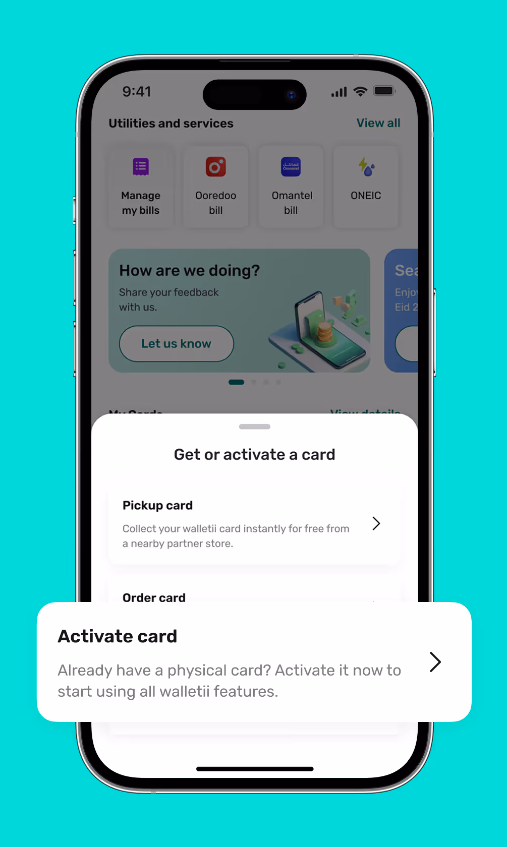 Mobile screen showing a walletii app interface with options to manage bills and activate or get a walletii card.