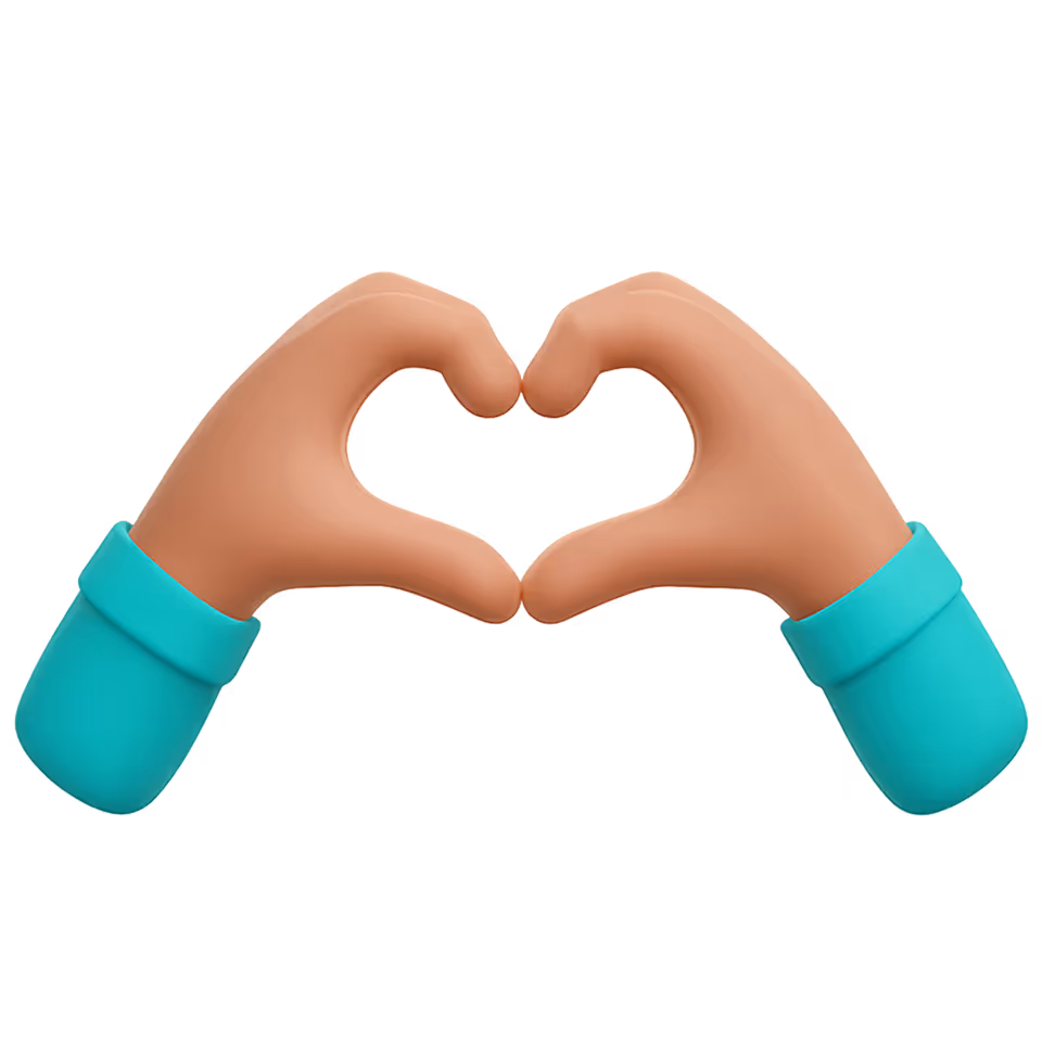 Two hands forming a heart shape with fingers, wearing teal sleeves.