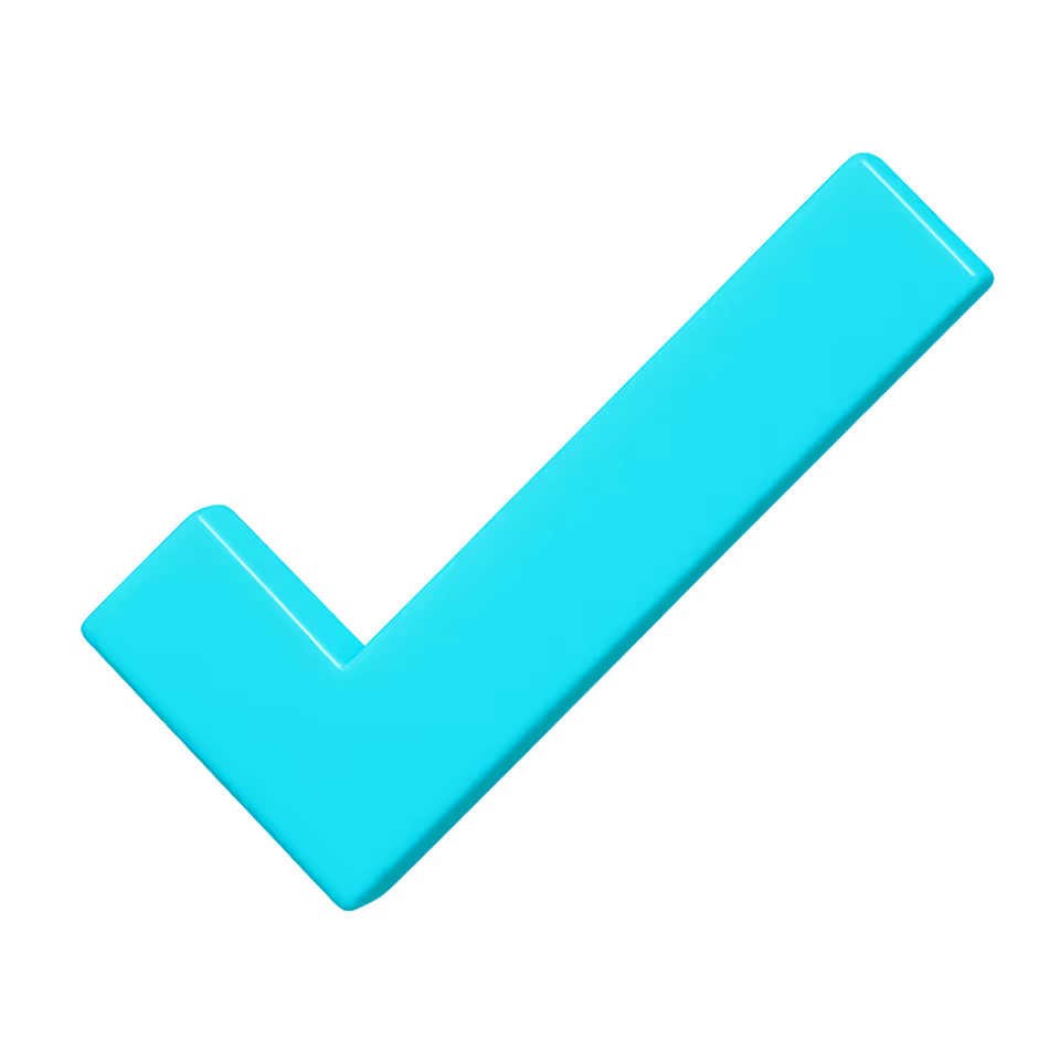 Bright turquoise 3D check mark on black background.