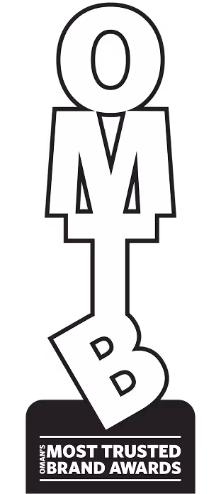 OMTB trophy with bold white letters stacked vertically and a base reading 'Oman's Most Trusted Brand Awards'.