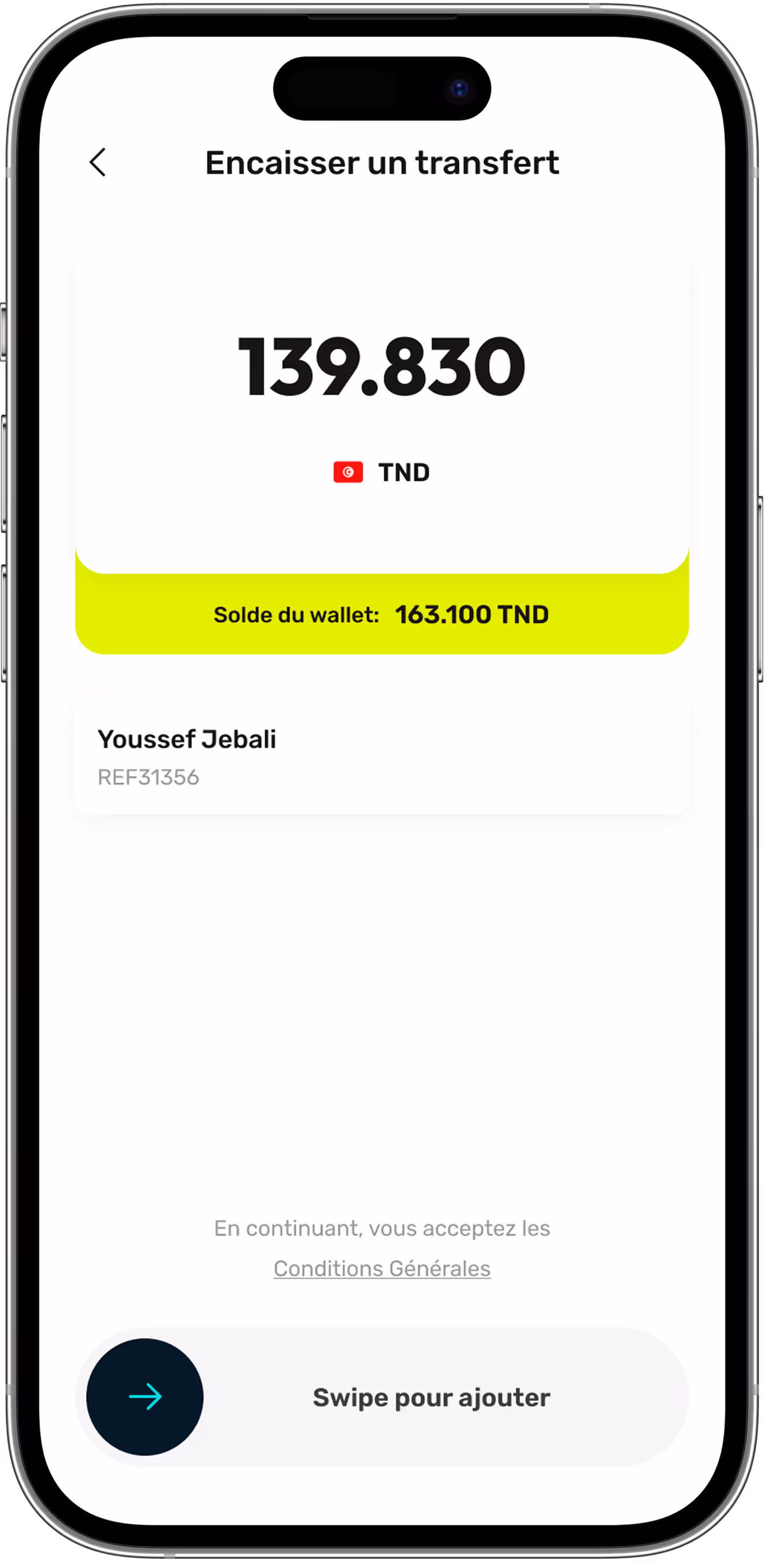 Mobile app screen showing a transfer cash-in of 139.830 Tunisian Dinar with a wallet balance of 163.100 TND and recipient Youssef Jebali, swipe to confirm.