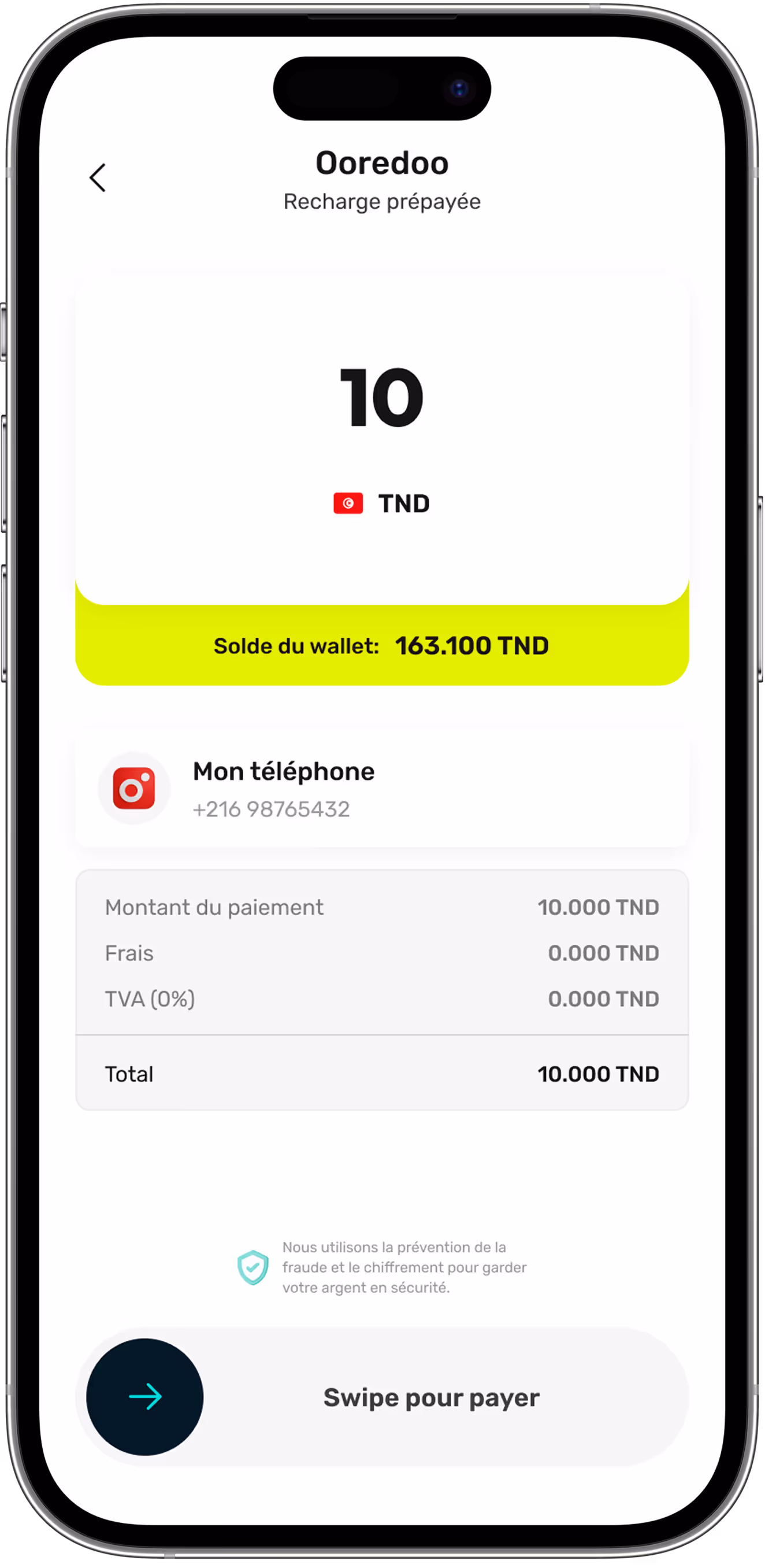 Mobile screen showing Ooredoo prepaid recharge of 10 Tunisian dinars with wallet balance 163.100 TND and phone number +216 98765432, swipe to pay.