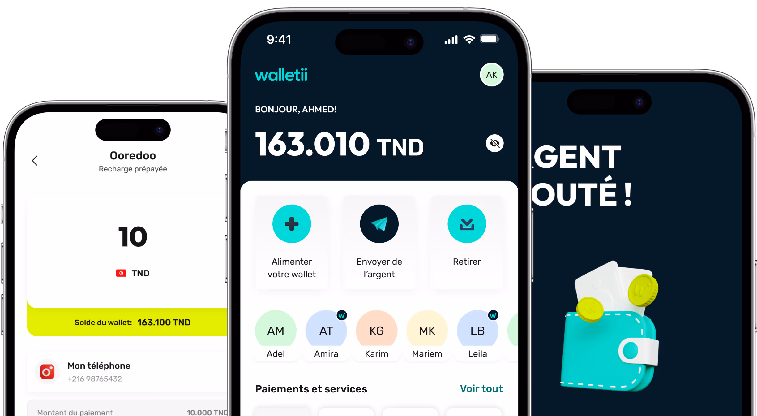 Three smartphone screens showing a wallet app with balance, options to add money, send money, and withdraw, plus prepaid recharge on Ooredoo network.