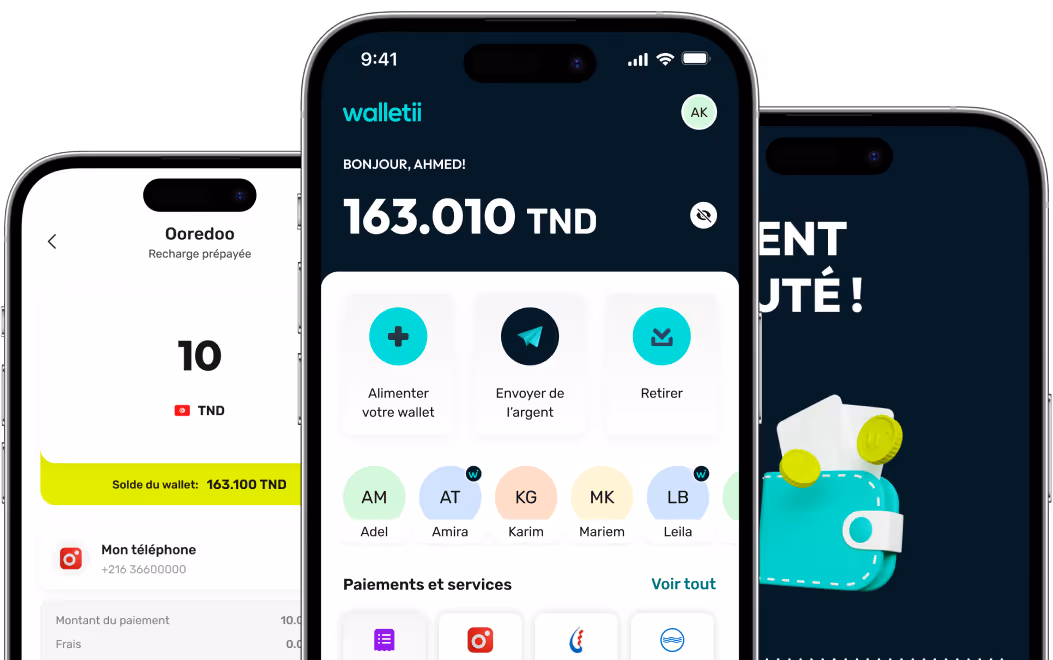 Three smartphone screens displaying Walletii app: wallet balance, prepaid recharge of 10 TND, and a digital wallet with coins and cards.