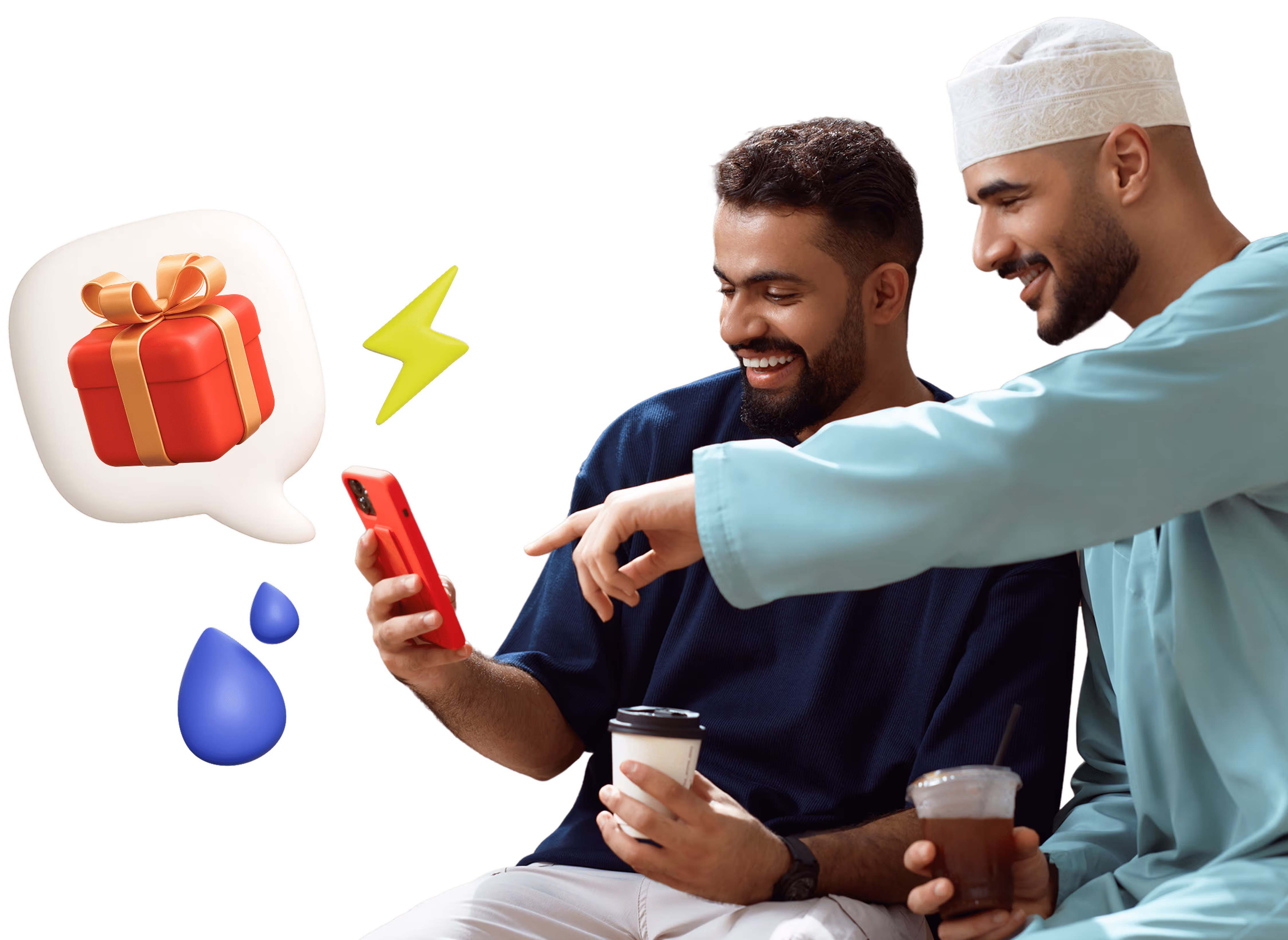 Two men sitting and smiling while looking at a red smartphone, one holding a coffee cup and the other pointing at the screen with emojis of a gift, lightning bolt, and water drops nearby.