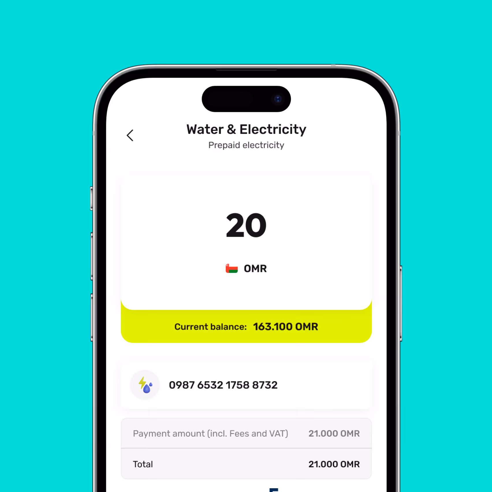 Mobile app screen for prepaid water and electricity showing a payment of 20 OMR, current balance 163.100 OMR, and a payment total of 21.000 OMR.