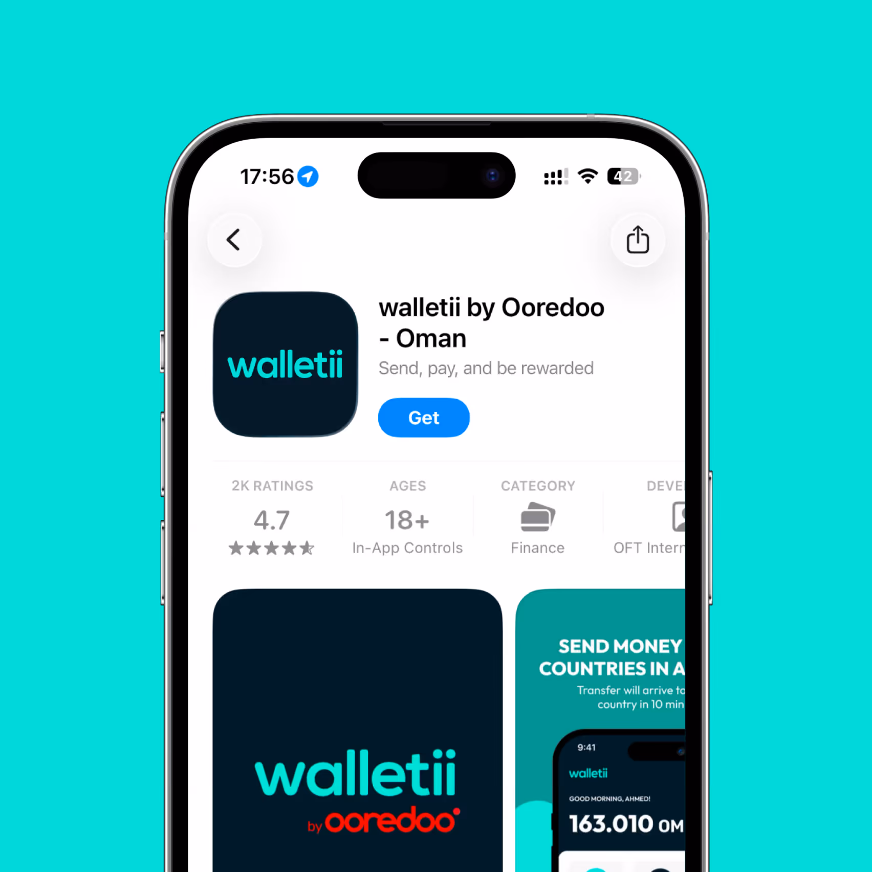 App store page for walletii by Ooredoo Oman, a finance app rated 4.7 stars, for ages 18+, with 'Get' button.