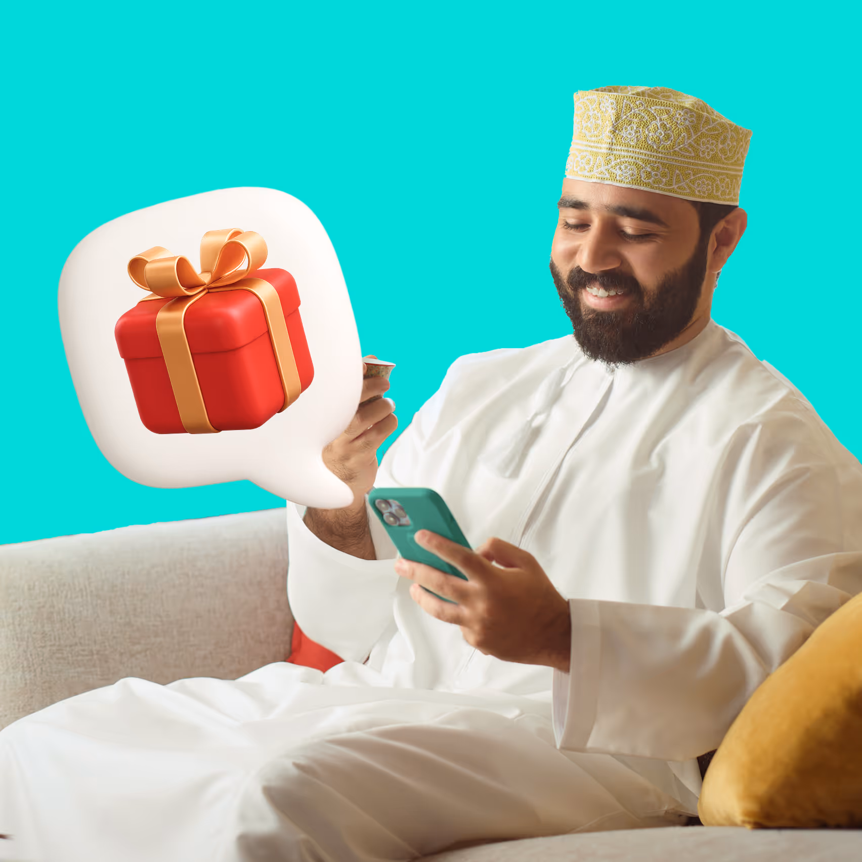 Smiling man in traditional clothing holding a credit card and looking at his smartphone with a gift box icon in a speech bubble.