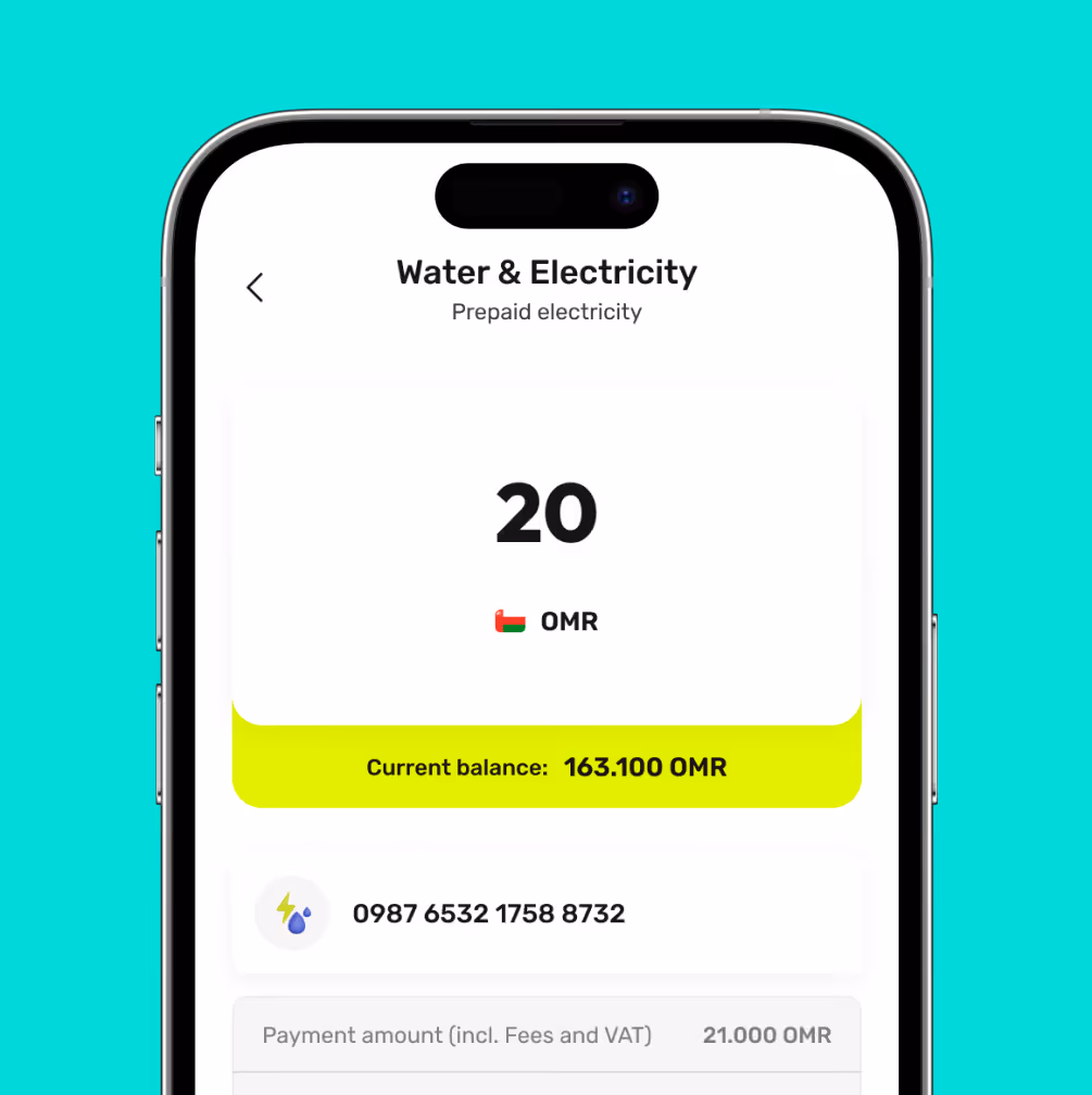 Mobile screen showing prepaid electricity payment of 20 OMR with a current balance of 163.100 OMR.