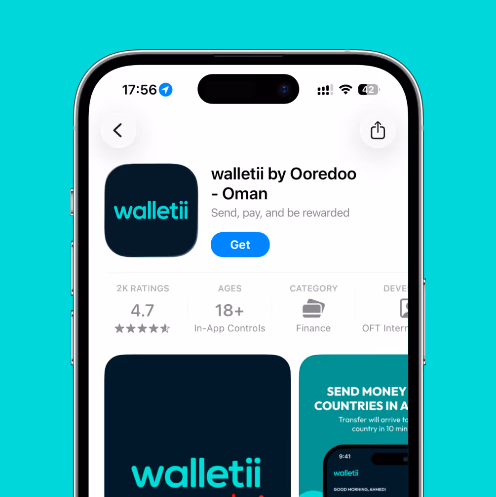 App store page for walletii by Ooredoo - Oman showing a 4.7 star rating, age 18+, finance category, with a Get button.