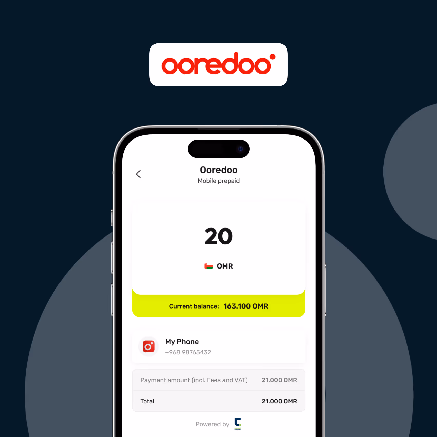 Mobile phone screen showing Ooredoo prepaid balance of 163.100 OMR and payment details of 21.000 OMR for phone number +968 98765432.