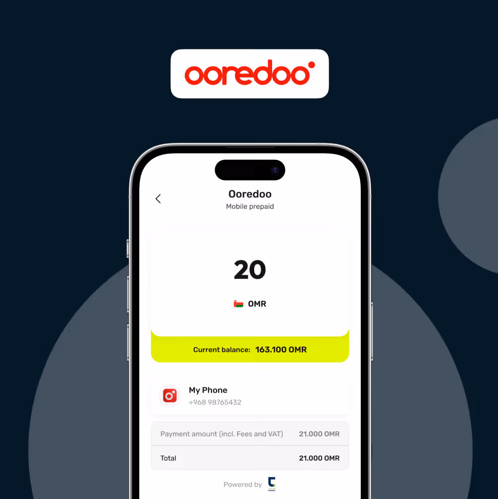 Mobile phone screen displaying Ooredoo prepaid mobile balance and payment details with current balance of 163.100 OMR and payment amount of 21.000 OMR.
