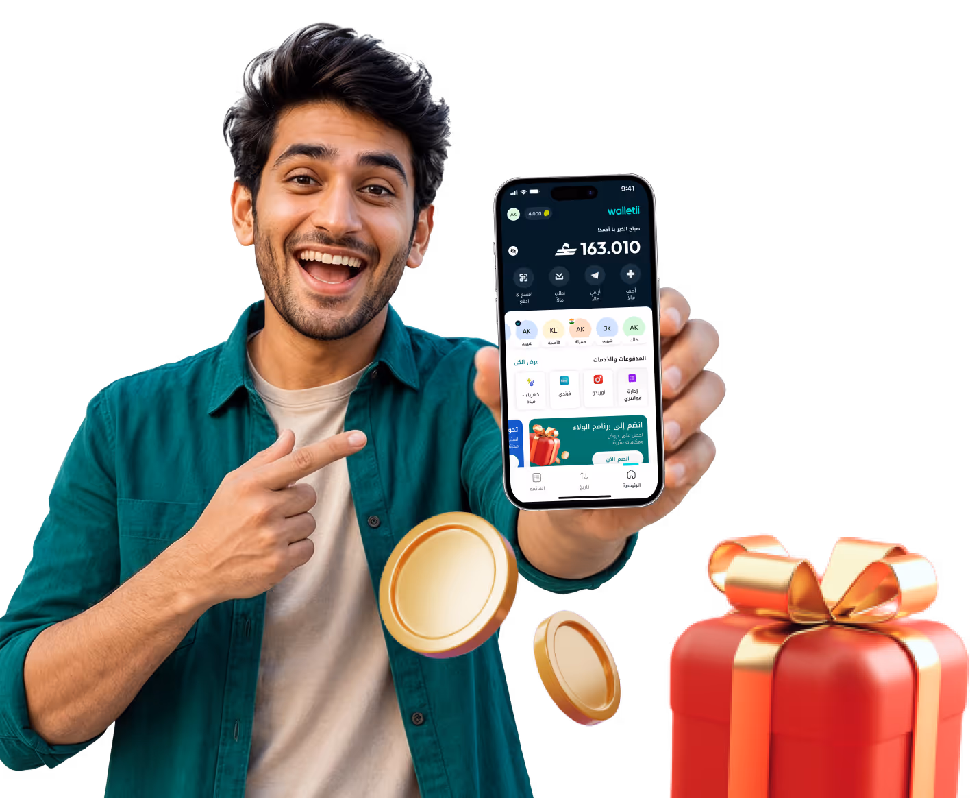 Smiling man pointing to phone showing Walletii app with loyalty points and payment options.
