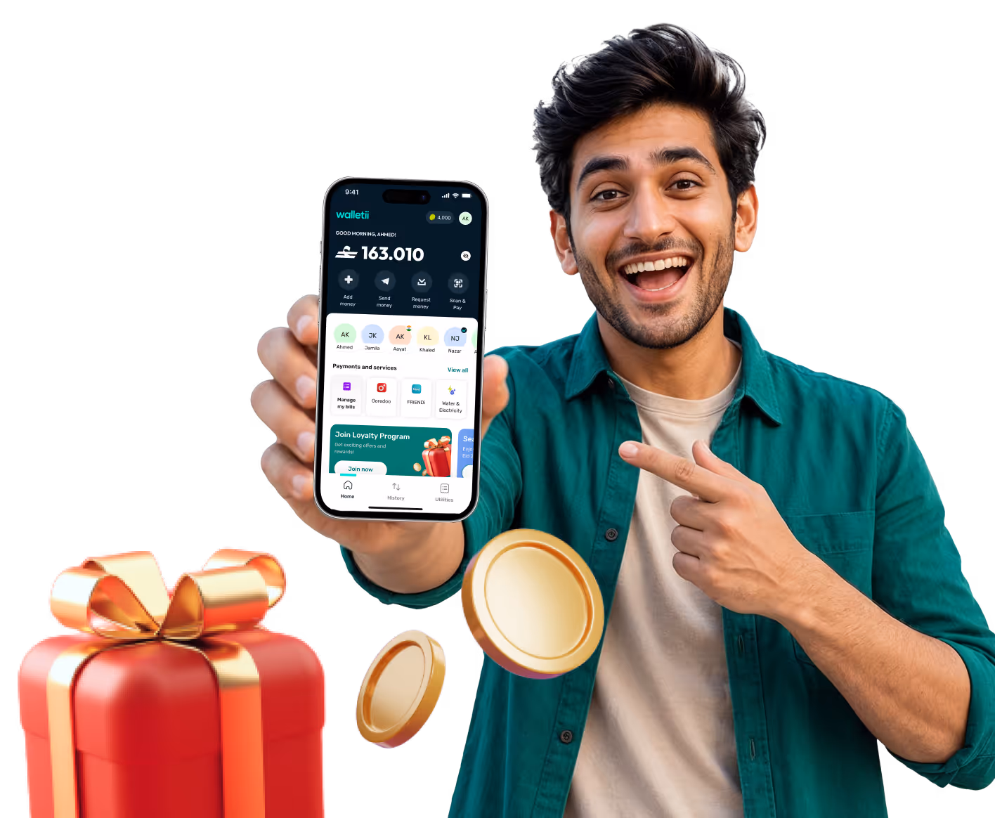 Smiling man pointing to phone showing Walletii app with loyalty points and payment options.