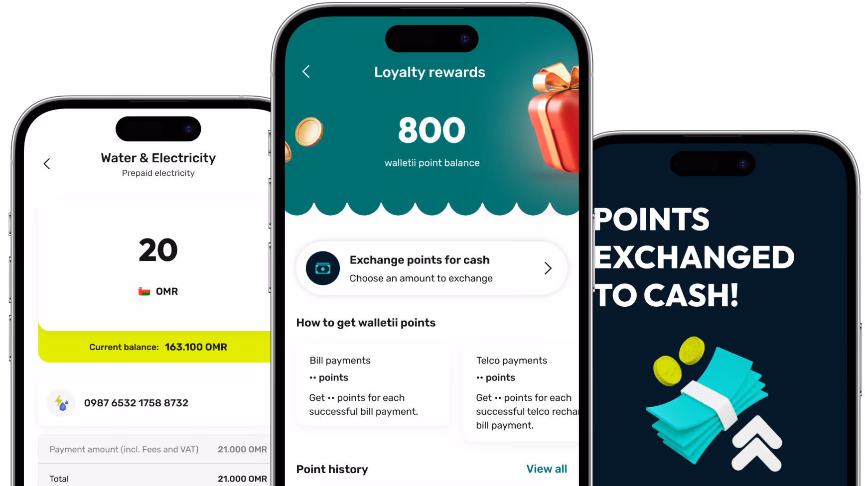 Three smartphones showing a prepaid electricity payment, loyalty points balance, and points exchanged to cash.
