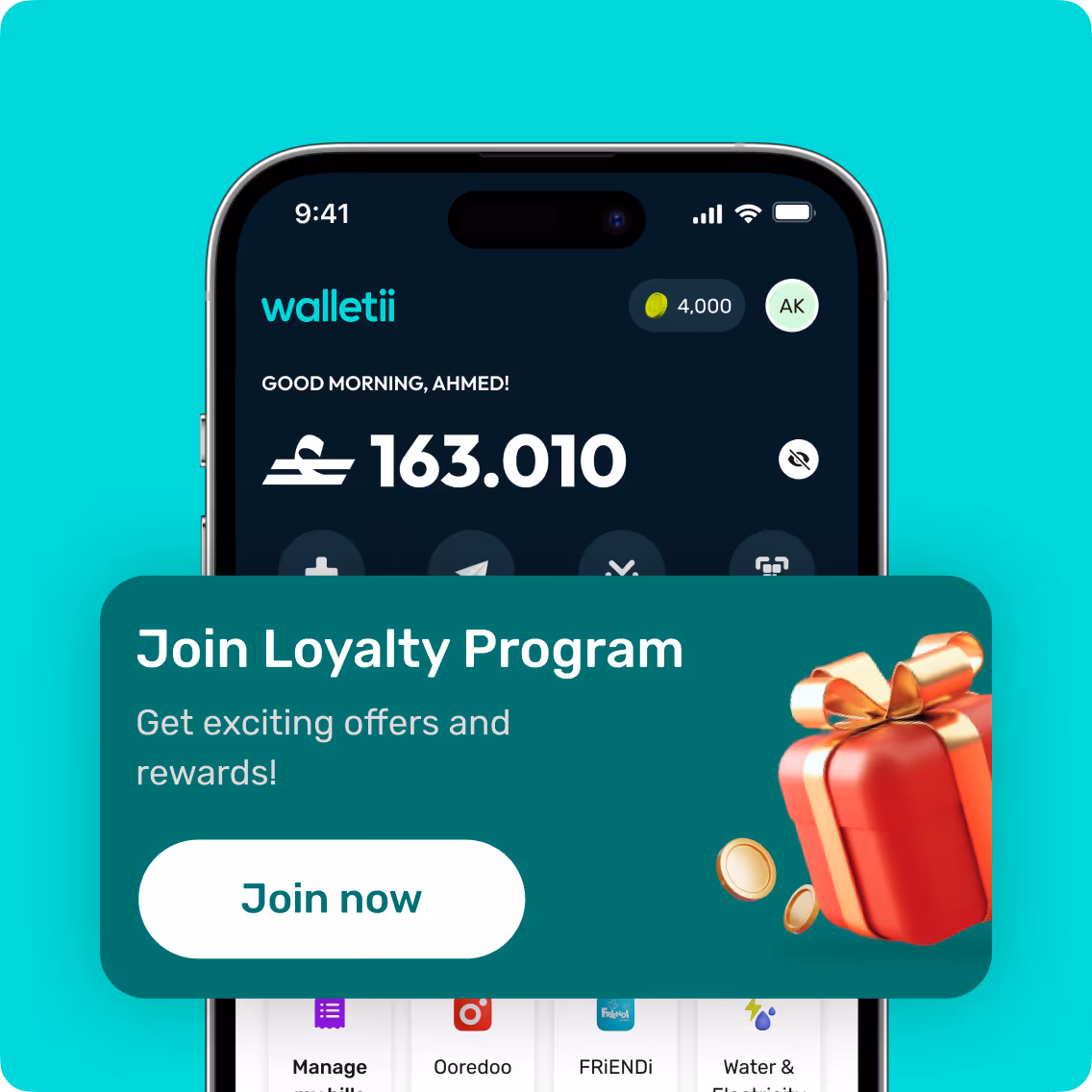 Smartphone screen showing walletii app with 163.010 balance and a loyalty program offer with a gift box.