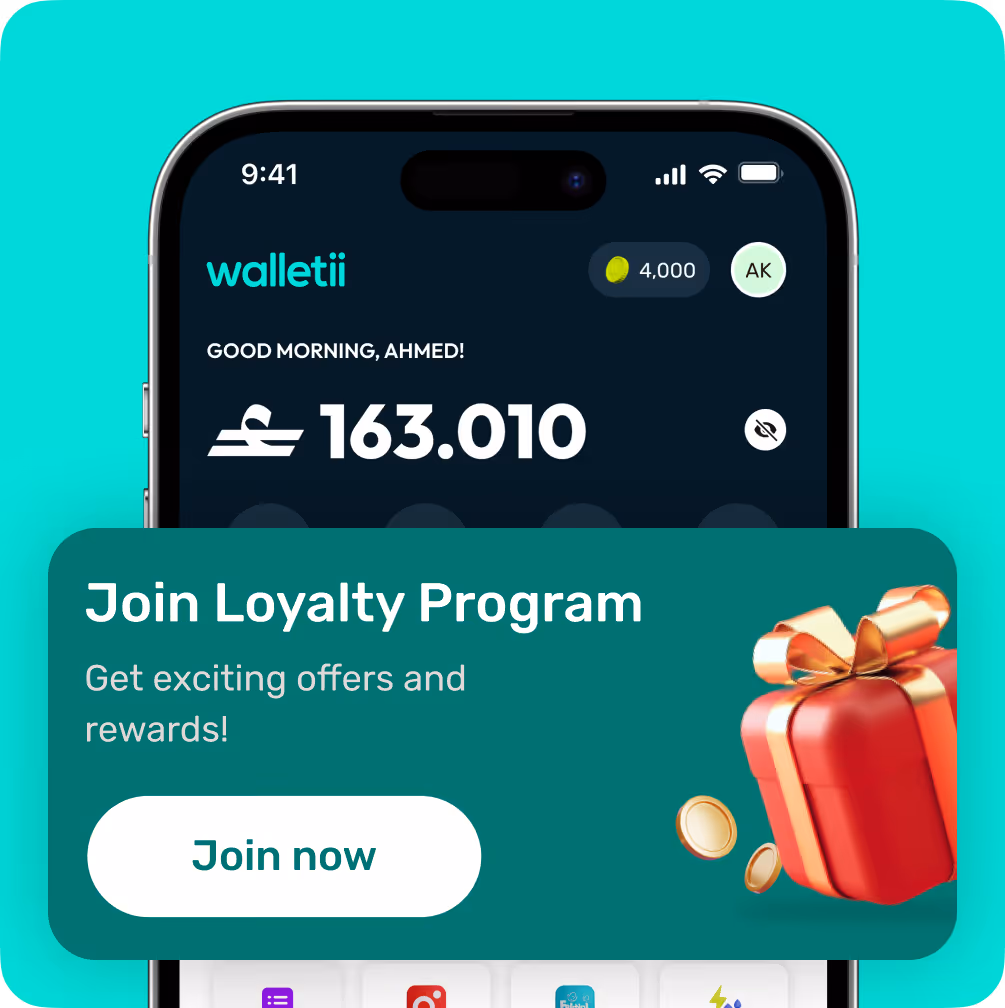Smartphone screen showing walletii app with 163.010 balance and a loyalty program offer with a gift box.