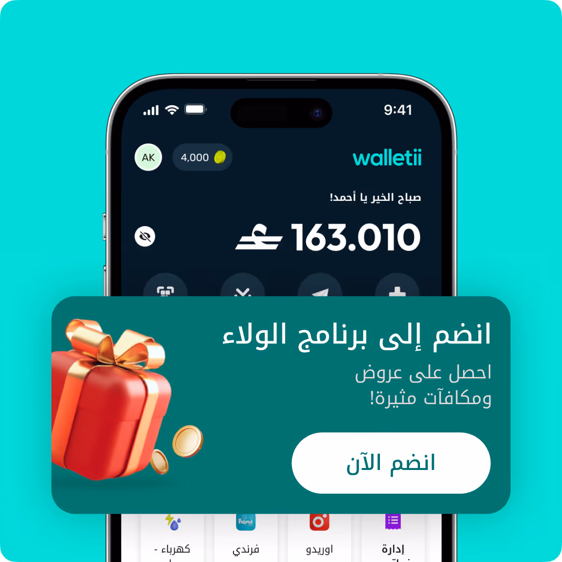 Smartphone screen showing walletii app with 163.010 balance and a loyalty program offer with a gift box.
