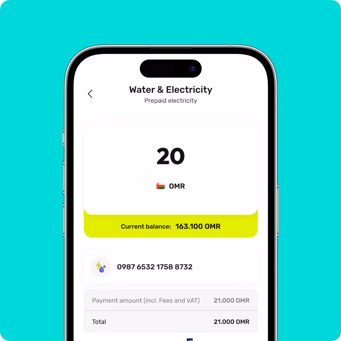 Mobile app screen showing prepaid electricity balance of 163.100 OMR with a 20 OMR payment input.