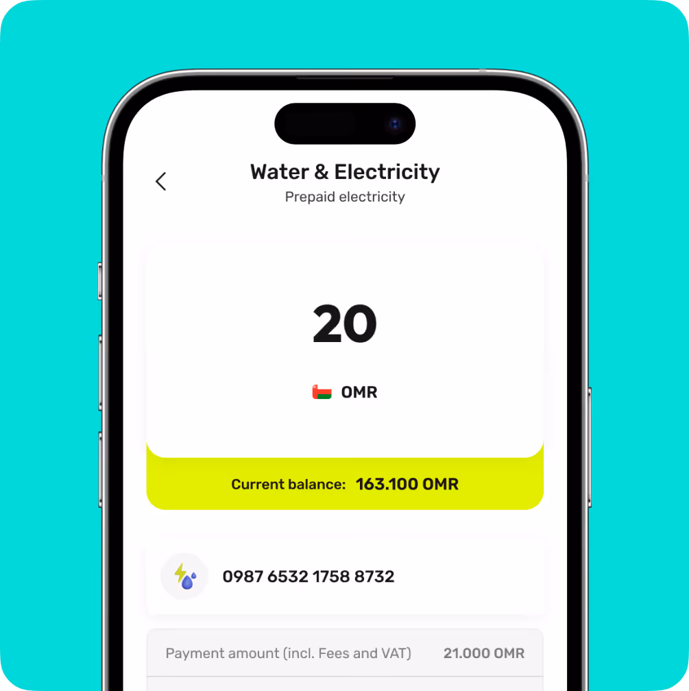 Mobile app screen showing prepaid electricity balance of 163.100 OMR with a 20 OMR payment input.