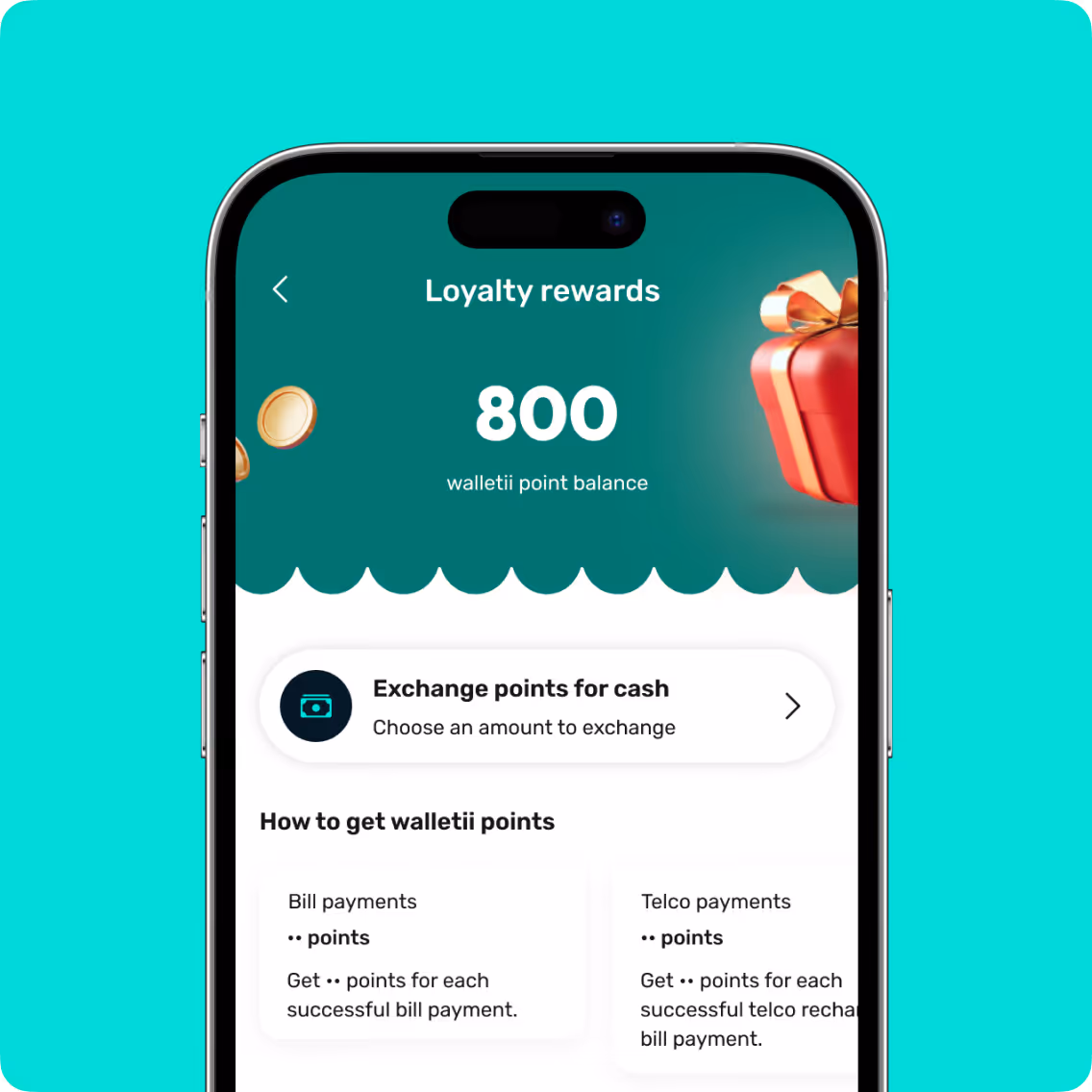 Smartphone screen showing loyalty rewards with 800 walletii points and option to exchange points for cash.