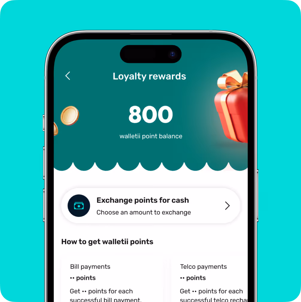 Smartphone screen showing loyalty rewards with 800 walletii points and option to exchange points for cash.