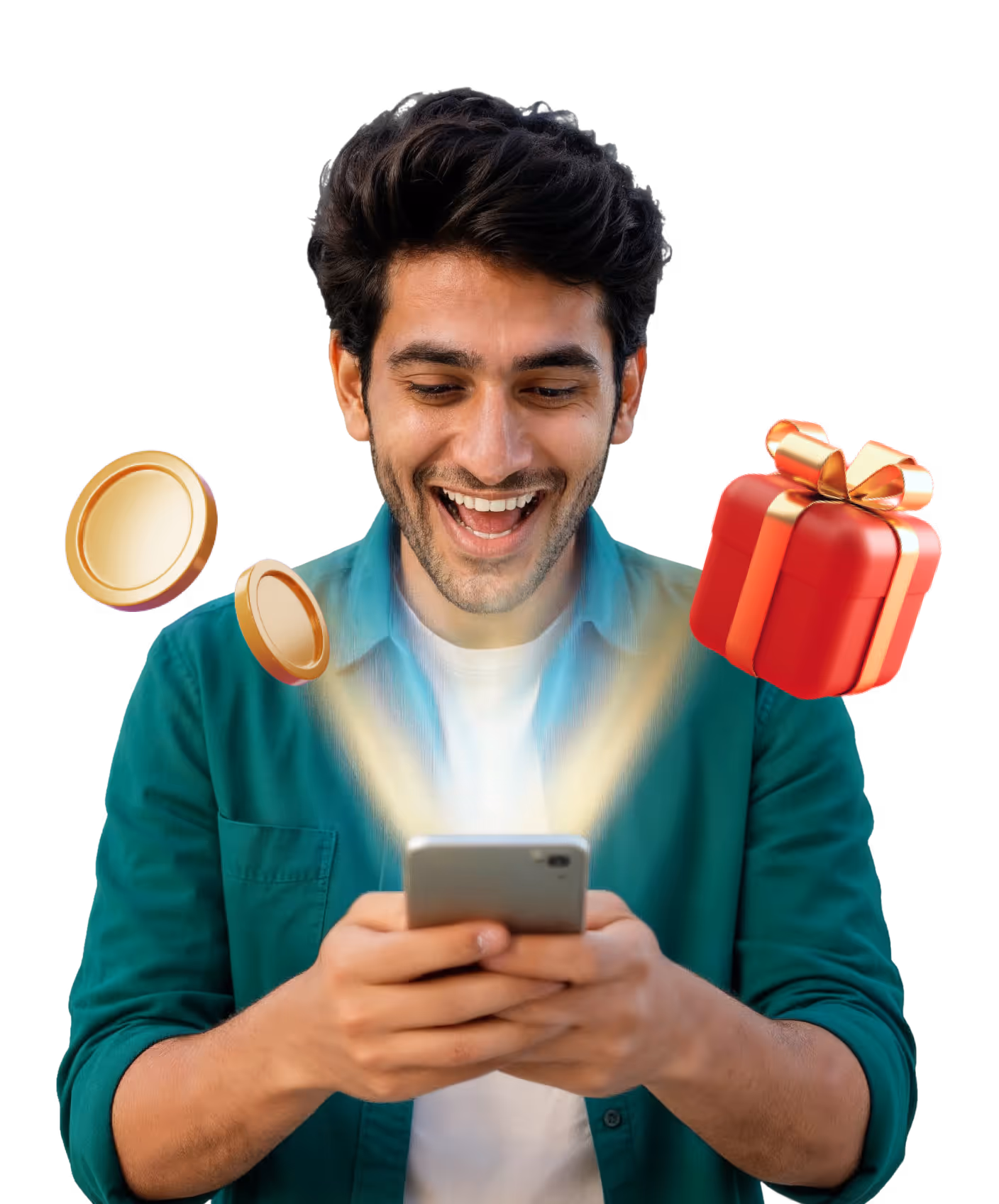 Happy man looking at phone with glowing light, coins, and gift box floating around him.