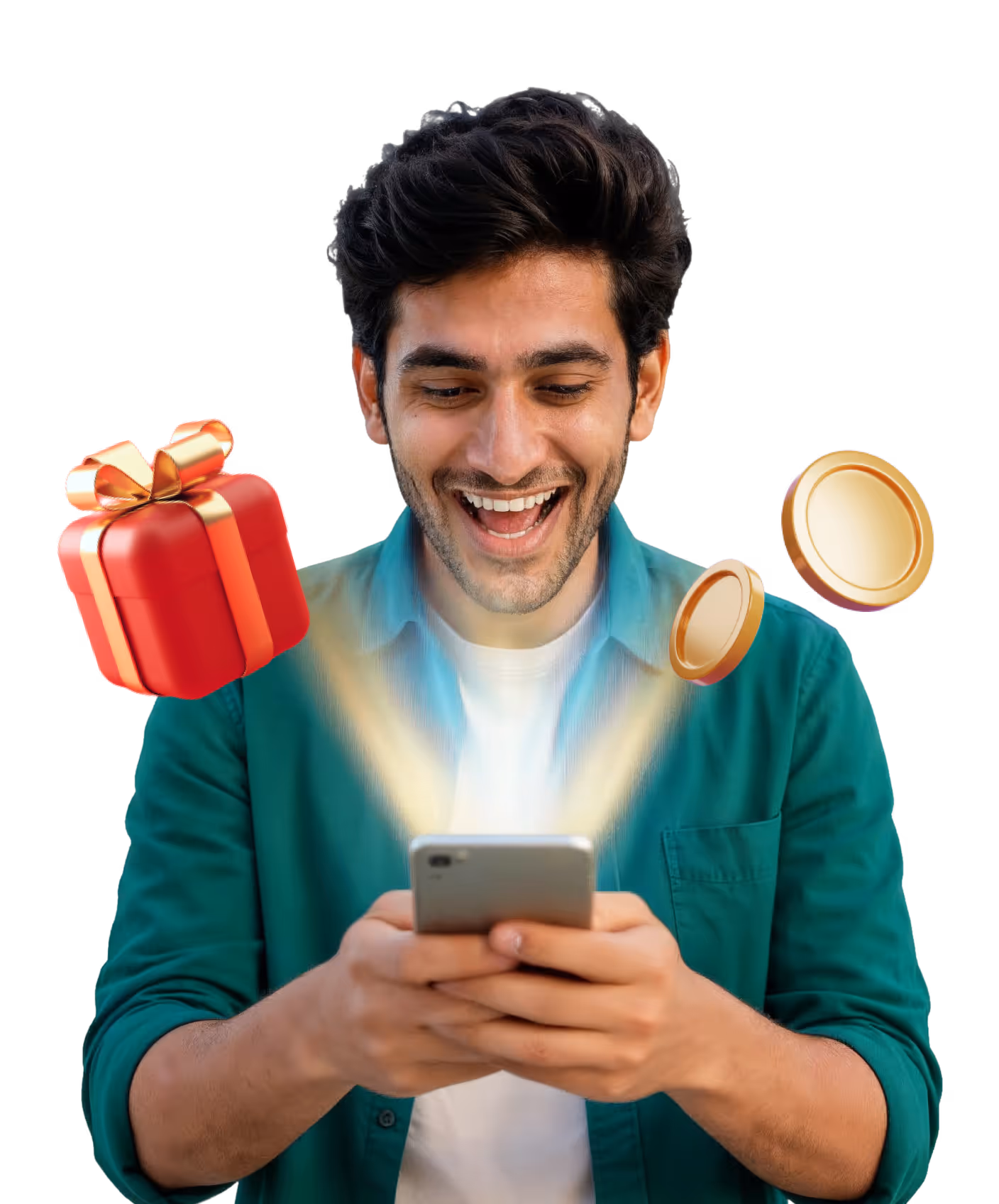 Happy man looking at phone with glowing light, coins, and gift box floating around him.