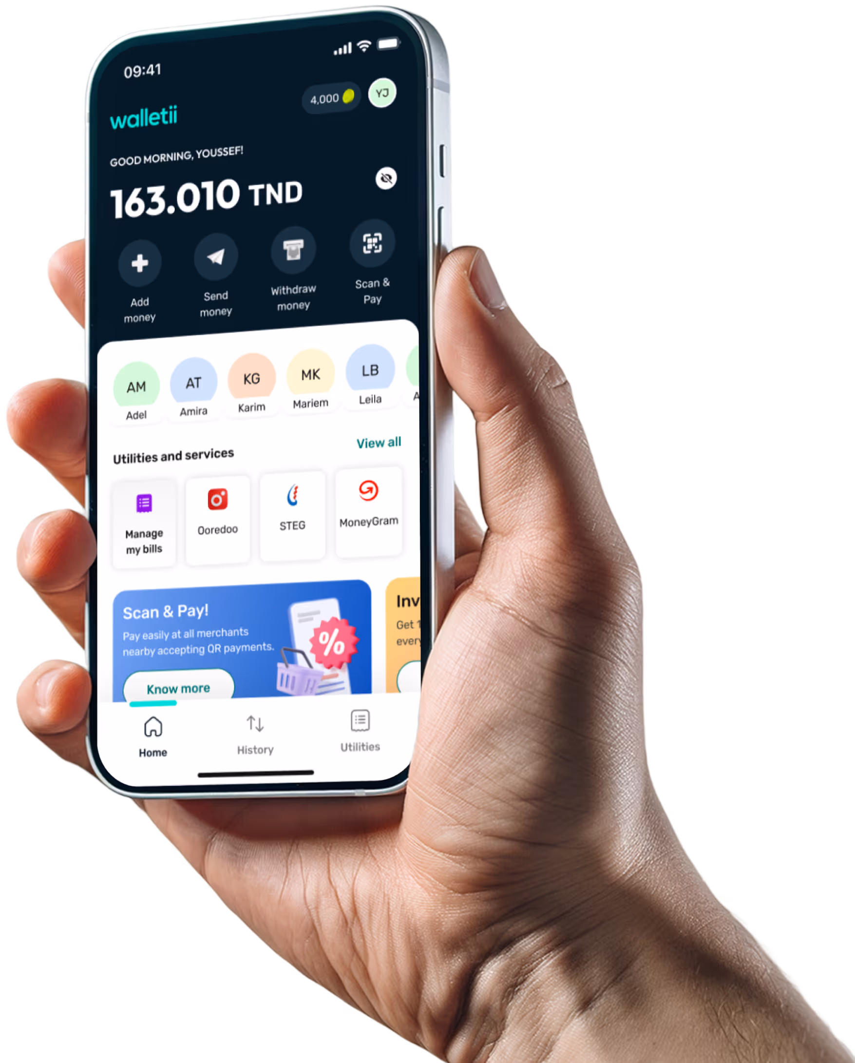 Hand holding phone showing walletii app with balance, money transfer options, and utilities services.