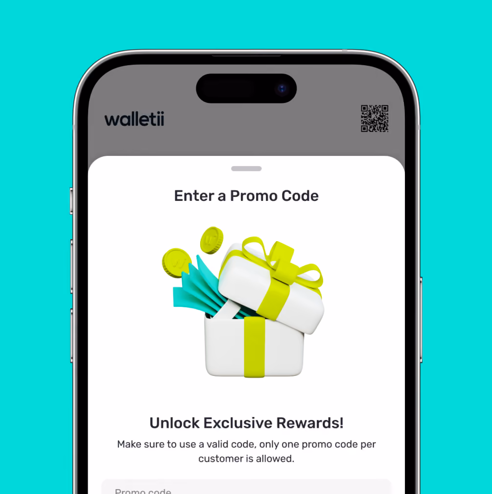 Mobile screen displaying walletii app prompting user to enter a promo code for exclusive rewards.