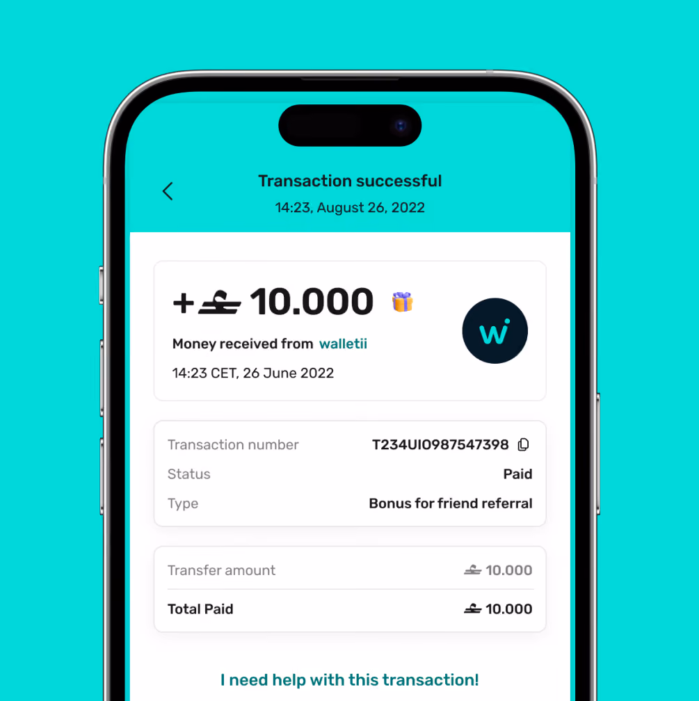Mobile screen showing a successful transaction with 10,000 credited as a friend referral bonus from walletii.
