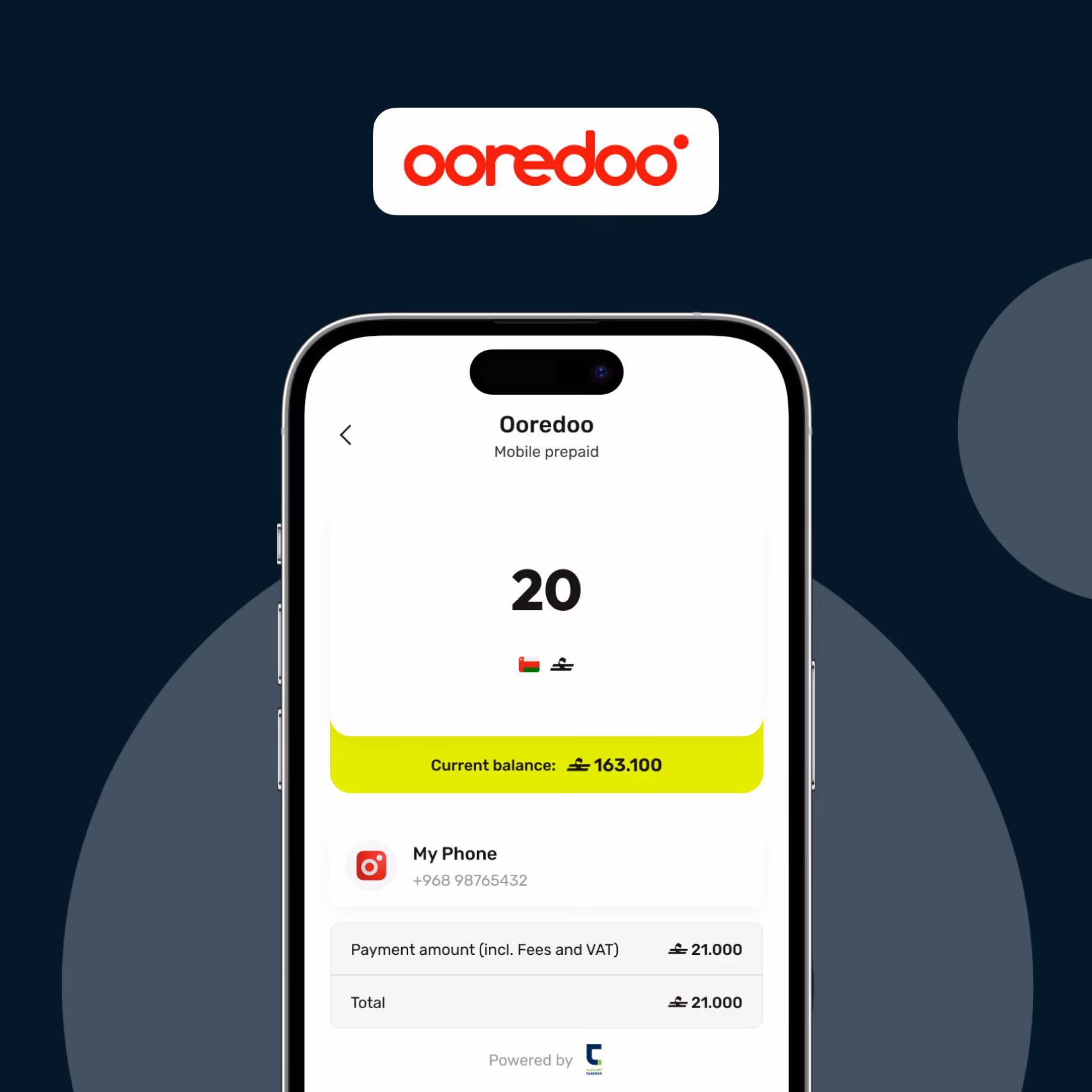 Mobile prepaid balance screen on Ooredoo app showing 163.100 OMR current balance and payment of 21 OMR.