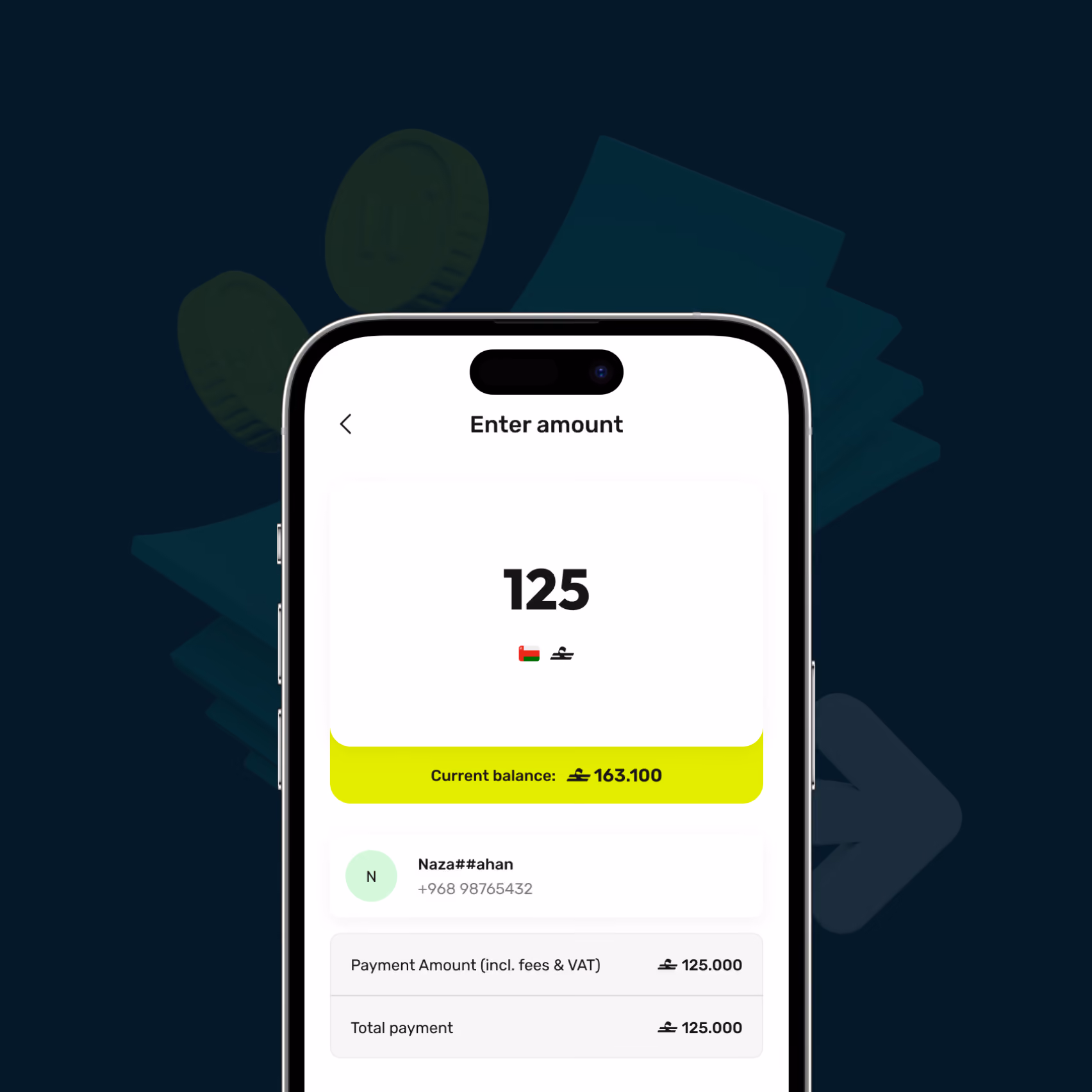 Mobile screen showing a payment app with 125 Omani Riyals entered and balance of 163.100 OMR displayed.