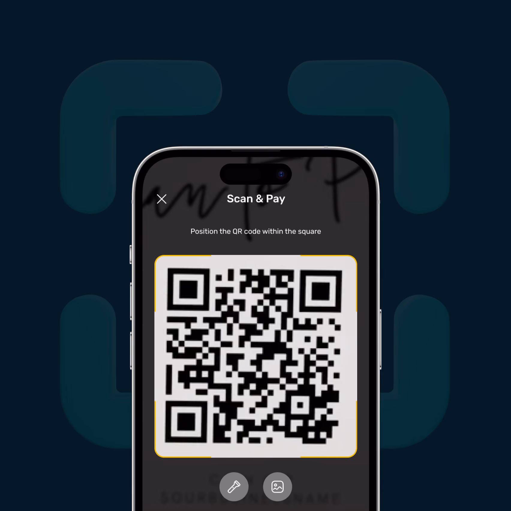 Smartphone screen showing a Scan & Pay app with a QR code framed for scanning.