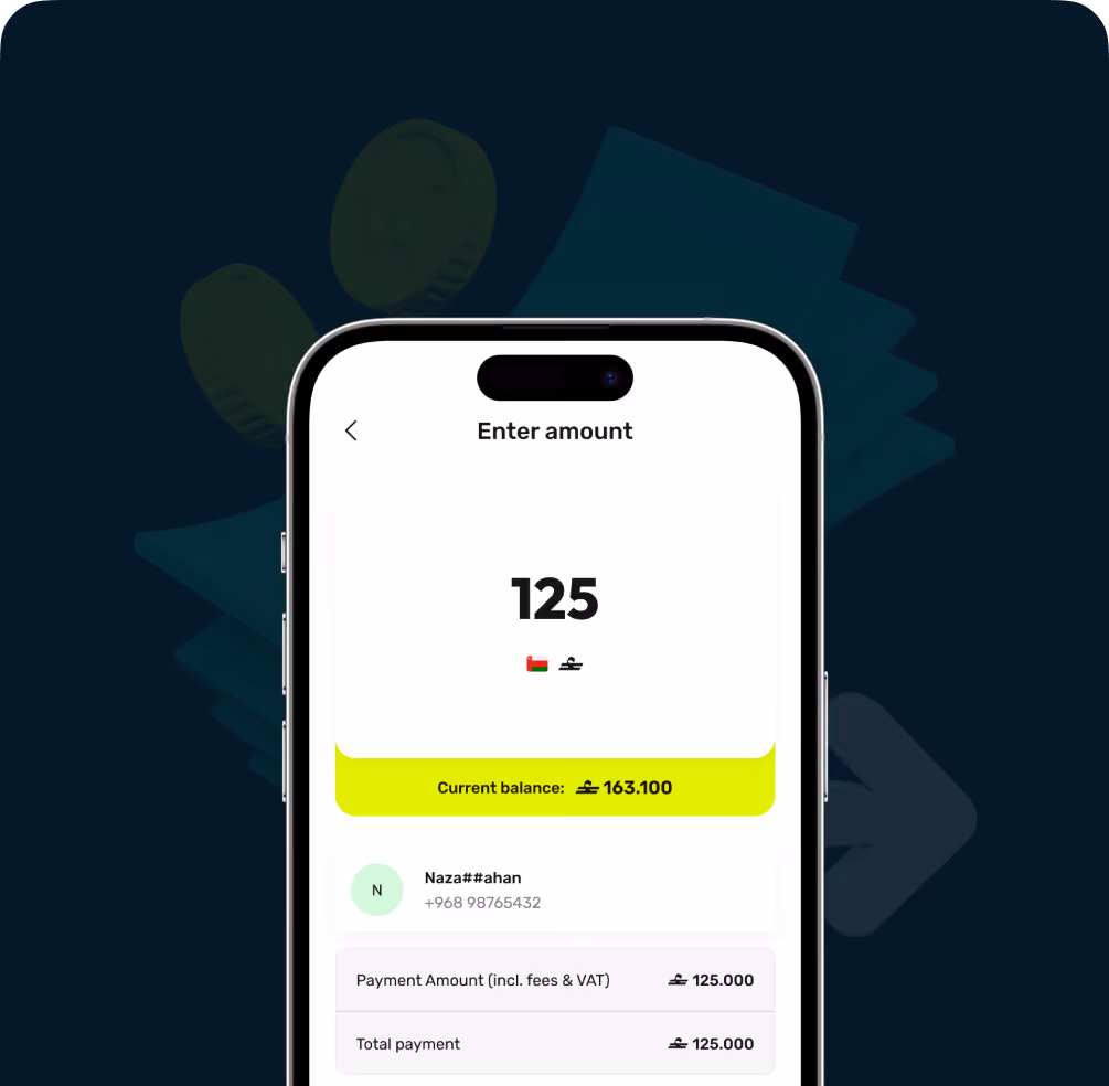 Mobile screen shows a digital wallet with a balance and payment of 125 Omani Rials to a contact.