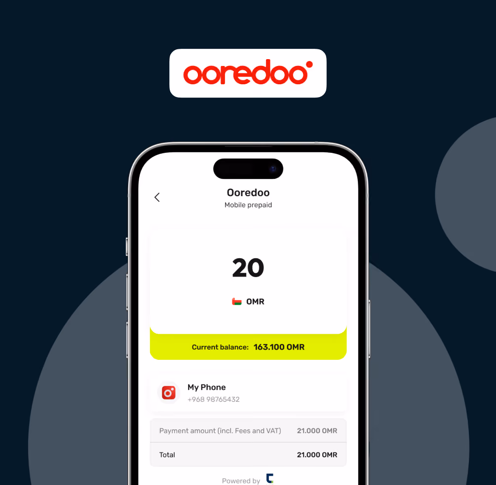 Ooredoo mobile prepaid app screen showing 20 OMR recharge and current balance of 163.100 OMR.